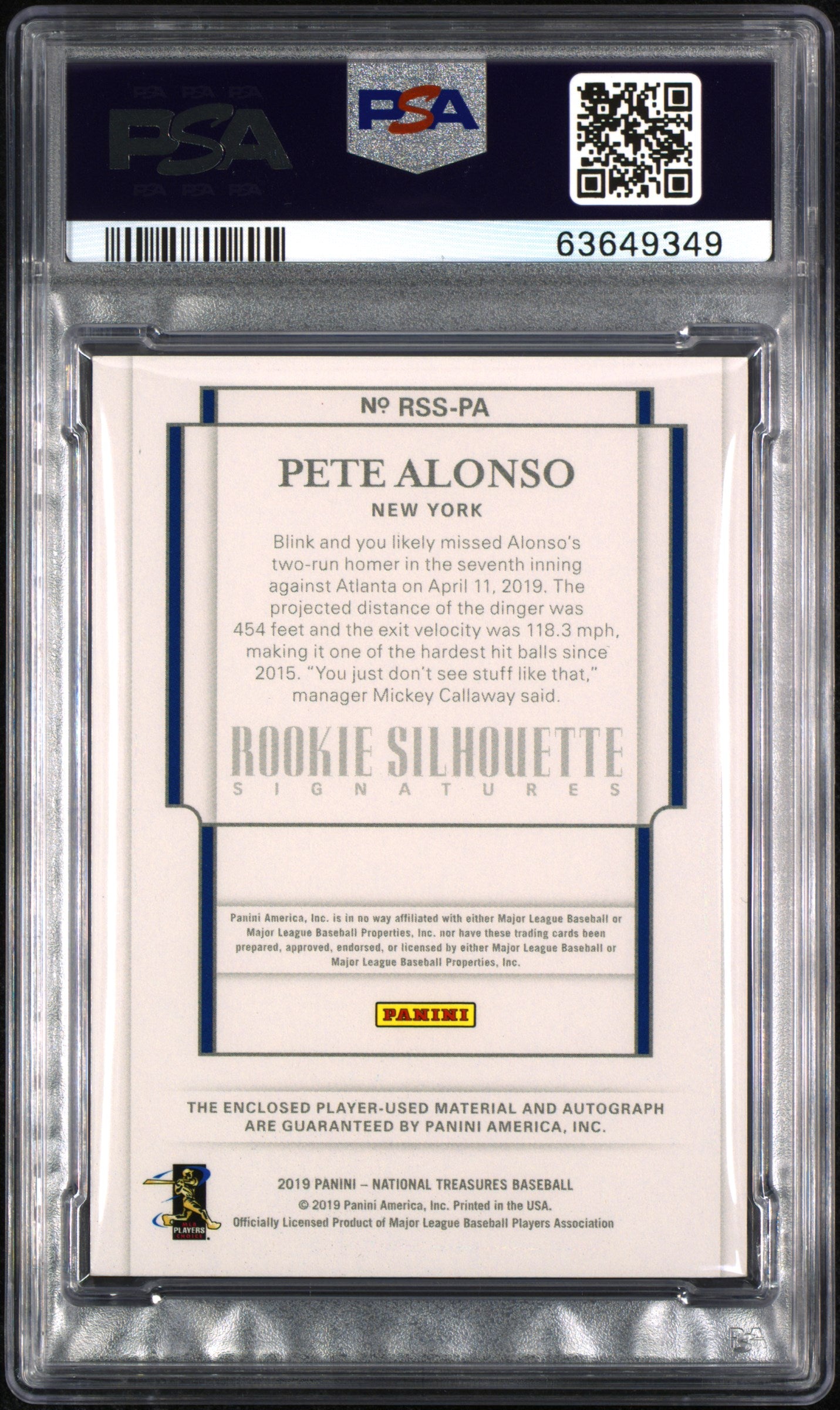 2019 National Treasures Pete Alonso #RSS-PA Rookie Patch Auto Silver /10 PSA 8 RPA