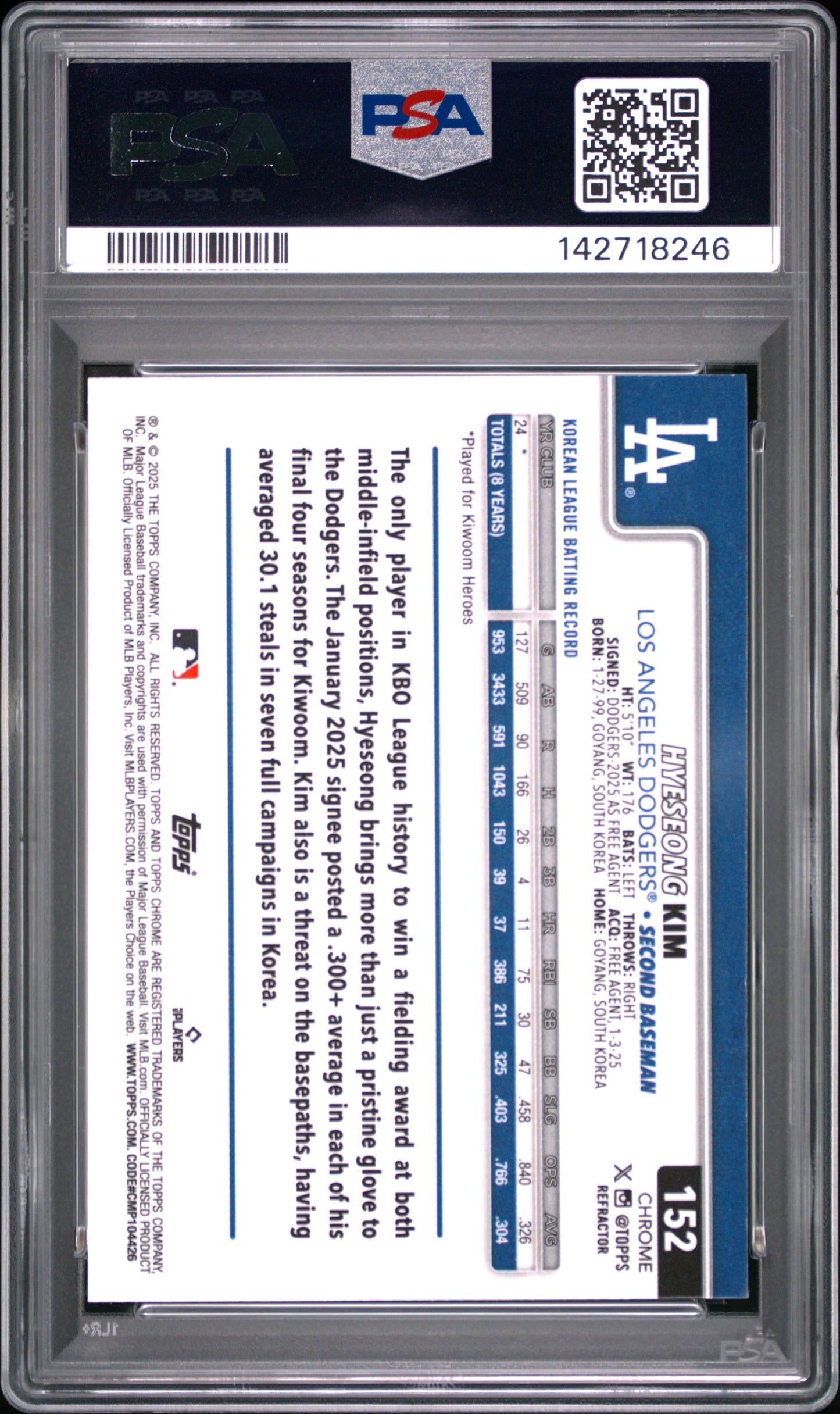 2025 Topps Chrome Hyeseong Kim #152 Refractor PSA 9