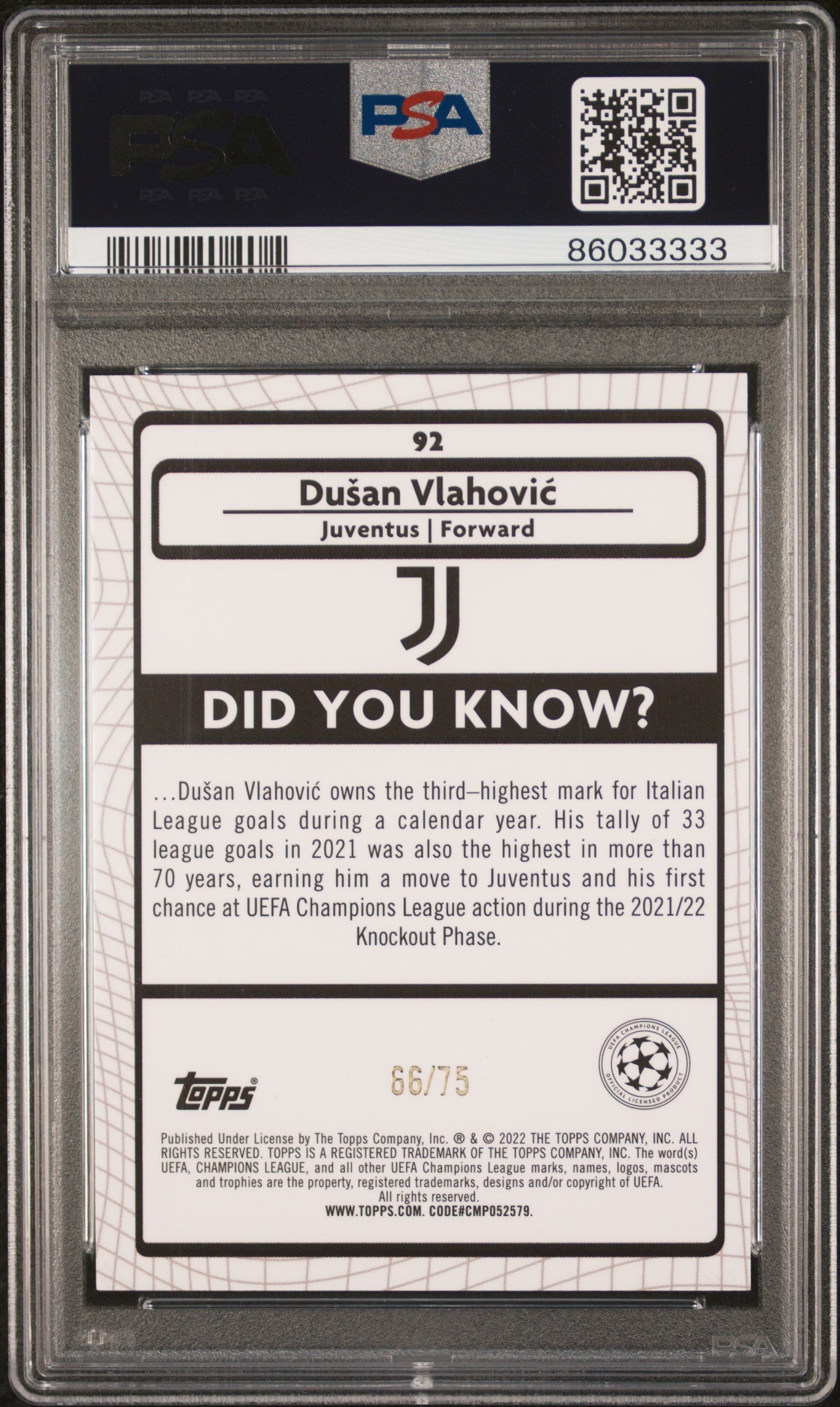 2021-2022 Topps Merlin Chrome Dusan Vlahovic #92 Blue Shimmer Refractor PSA 9