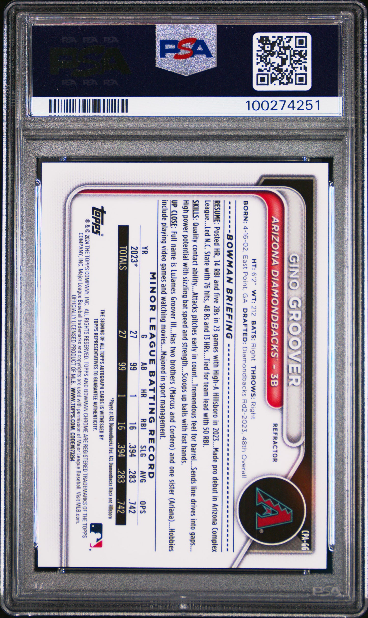 2024 Bowman Chrome Prospect Autographs Gino Groover #CPAGG  Refractor PSA 10