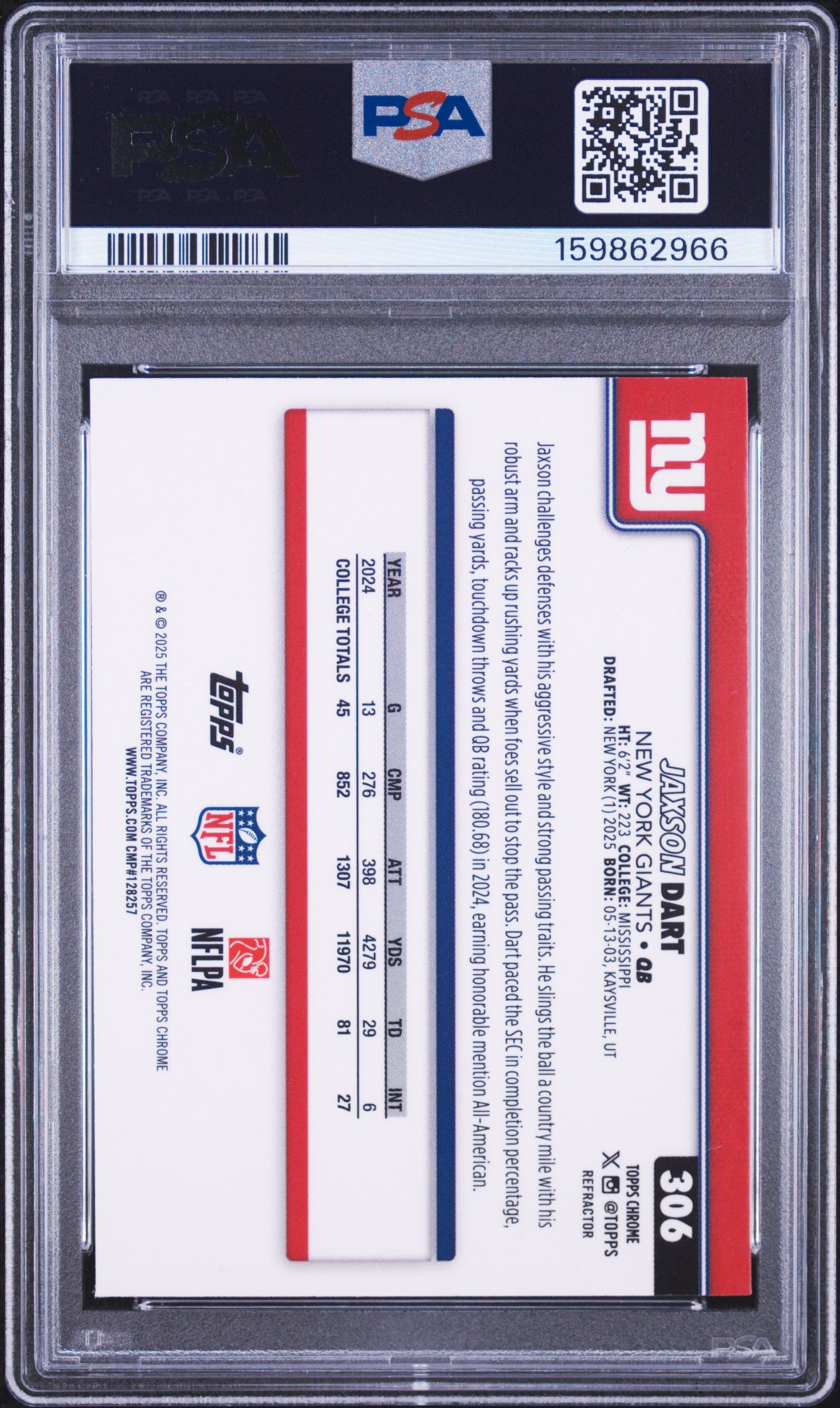 2025 Topps Chrome Jaxson Dart #306 Refractor PSA 10