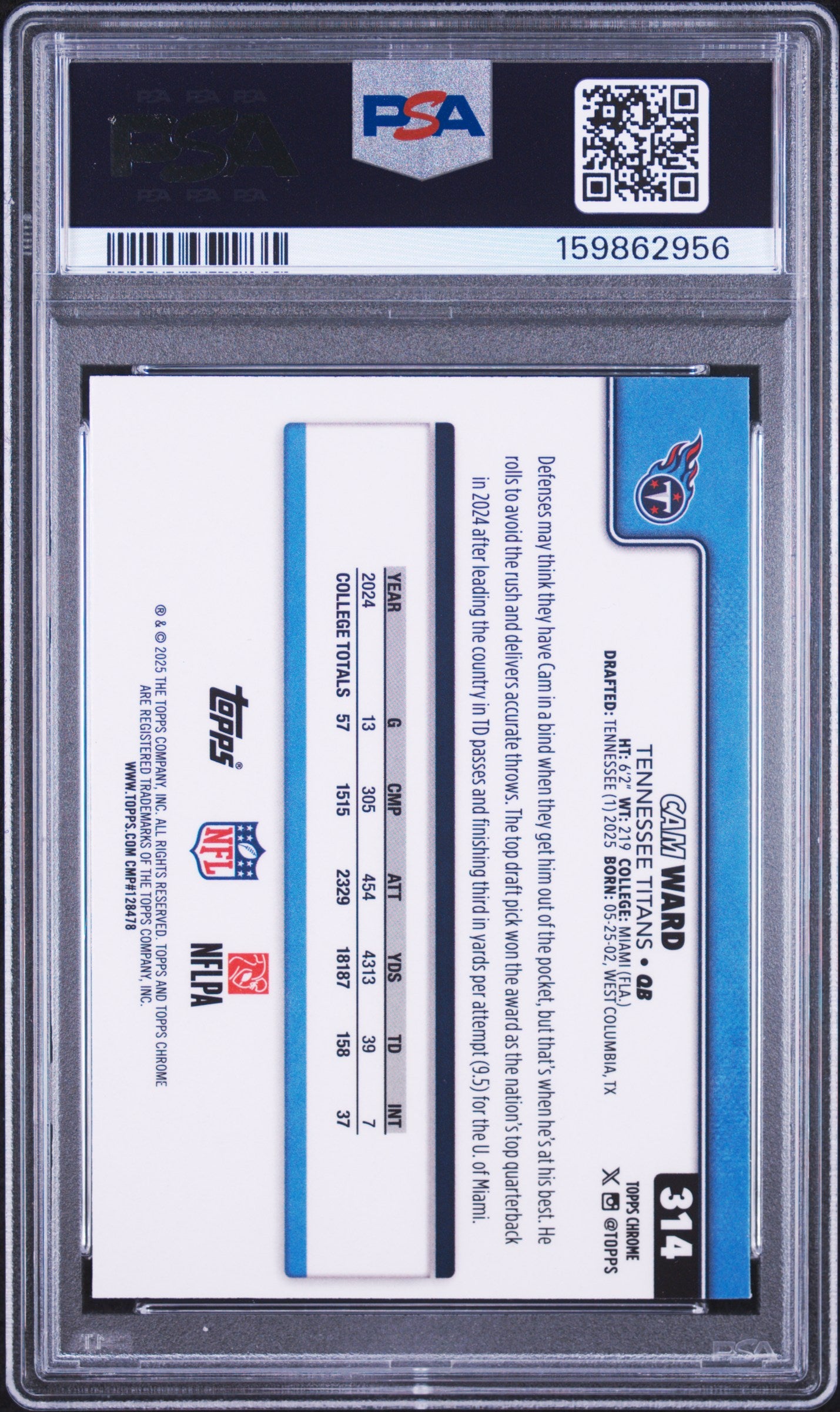 2025 Topps Chrome Cam Ward #314 Team Camo PSA 8