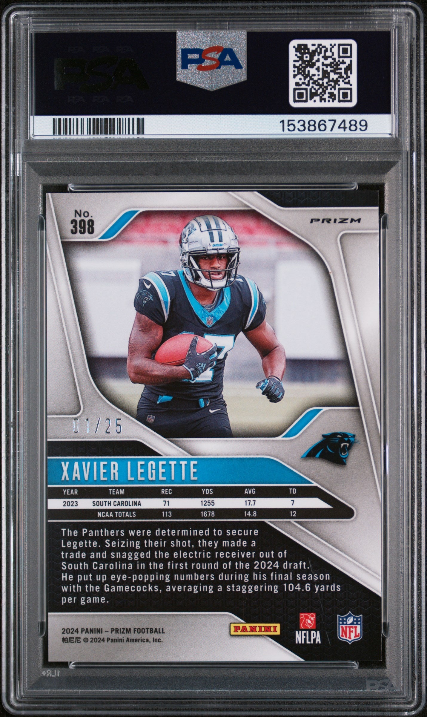 2024 Panini Prizm Xavier Legette #398 Blue Shimmer /25 PSA 10