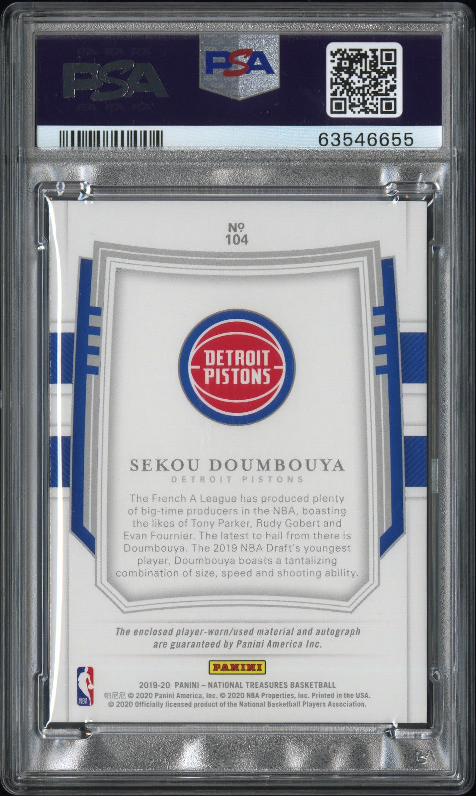 2019 Panini National Treasures Sekou Doumbouya #104 Gold /10 PSA 10 Auto 10