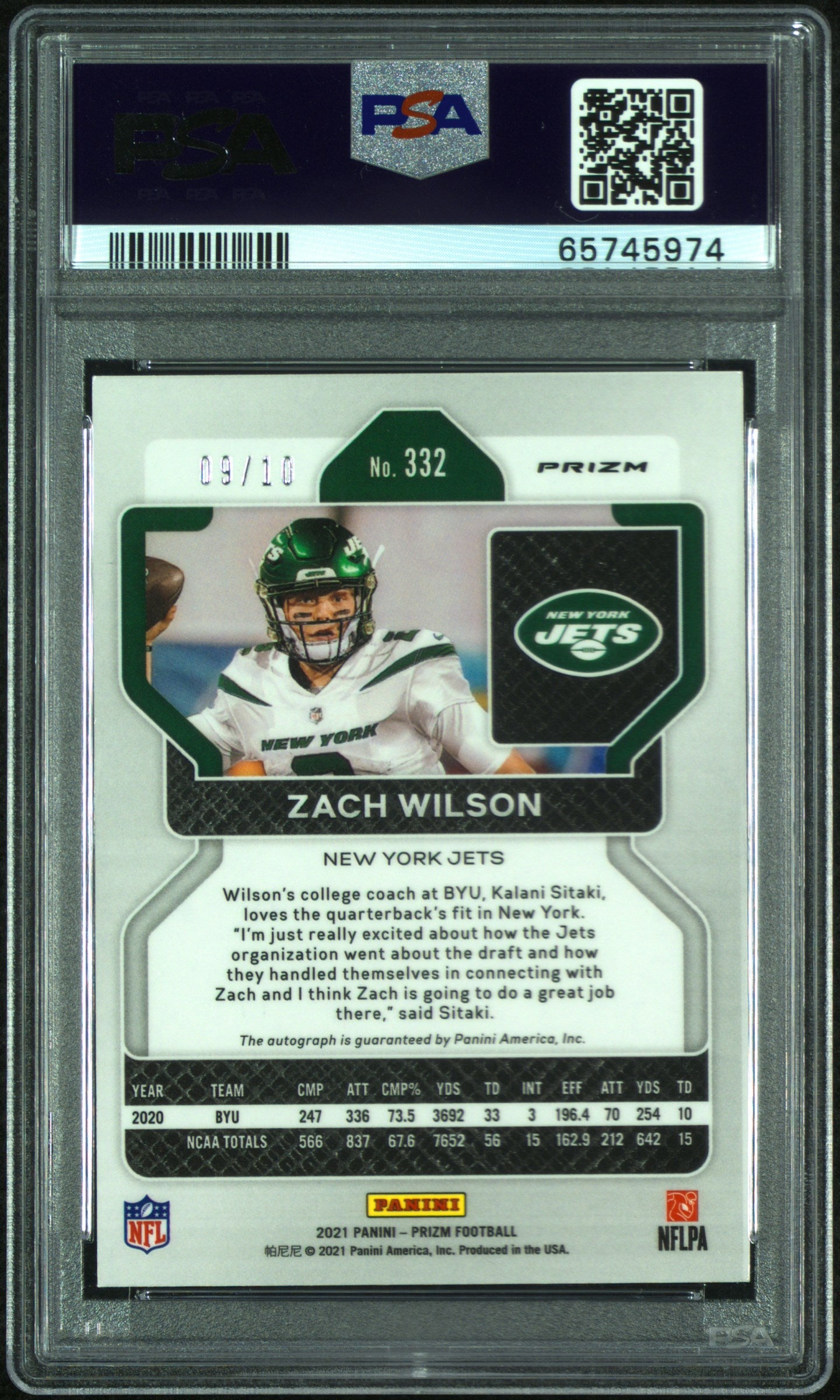 2021 Panini Prizm Zach Wilson #332 Autograph Gold /10 PSA 8