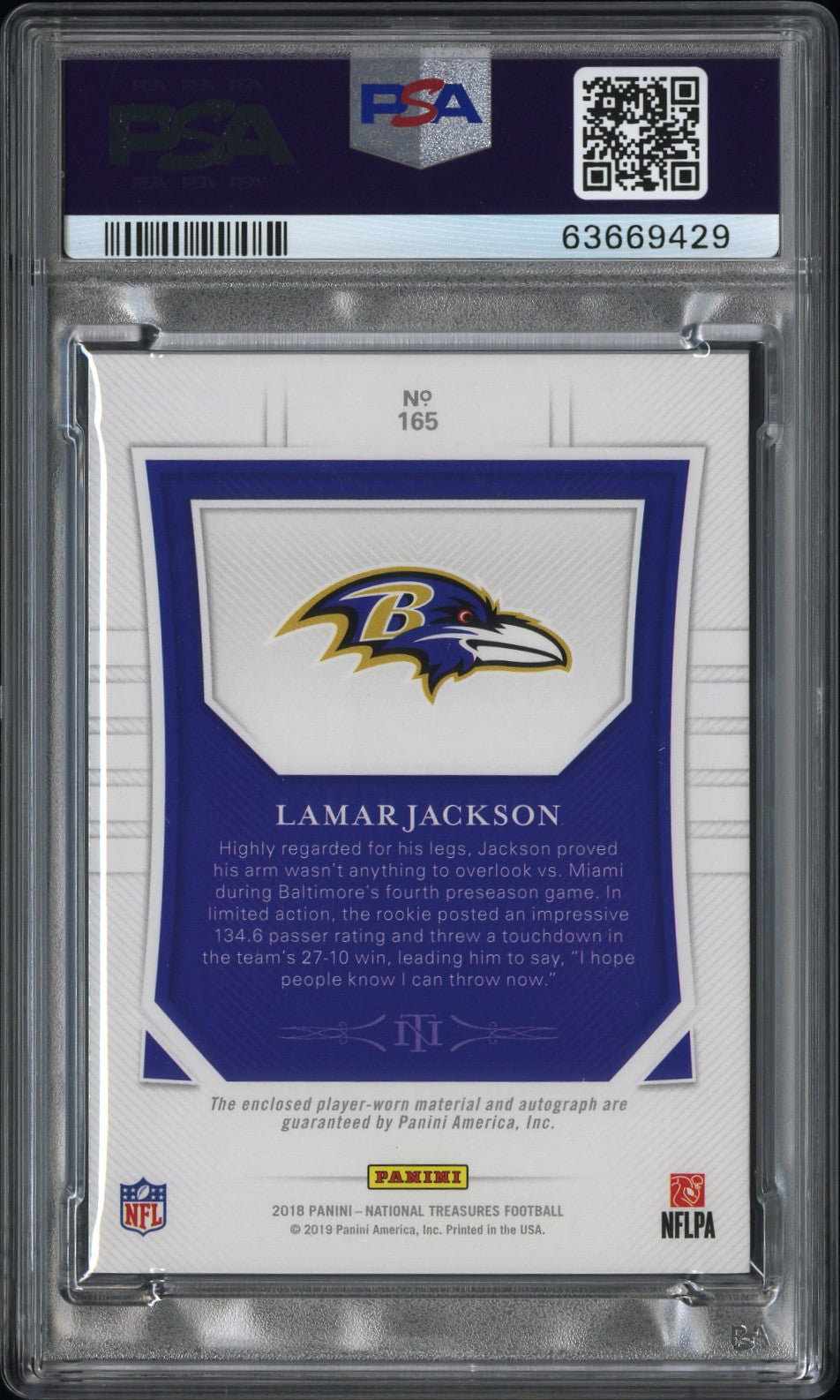 2018 National Treasures Lamar Jackson #165 Rookie Patch Auto RPA RC /99 PSA 9
