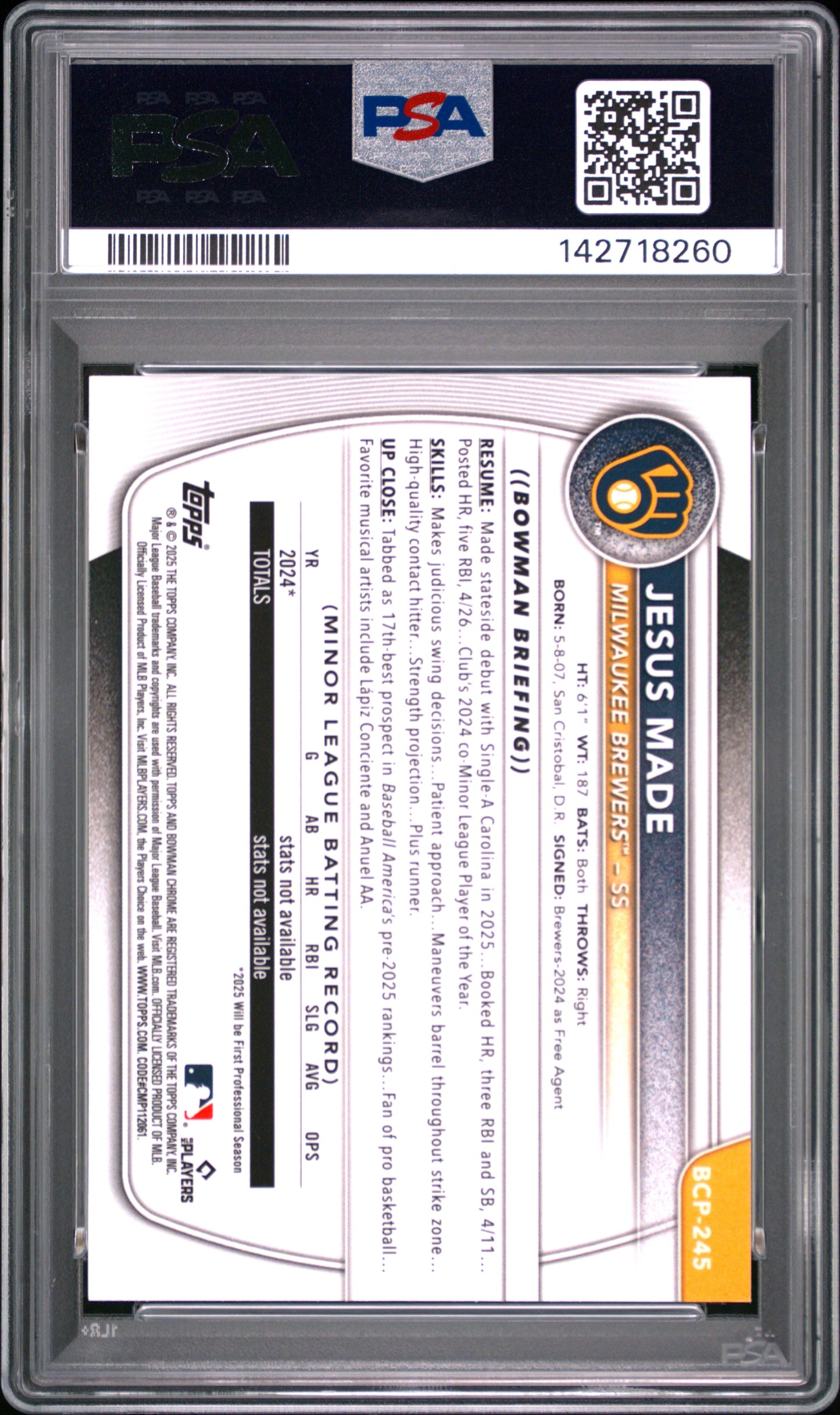 2025 Bowman Chrome Prospects Jesus Made #BCP245 Fuchsia Geometric PSA 9