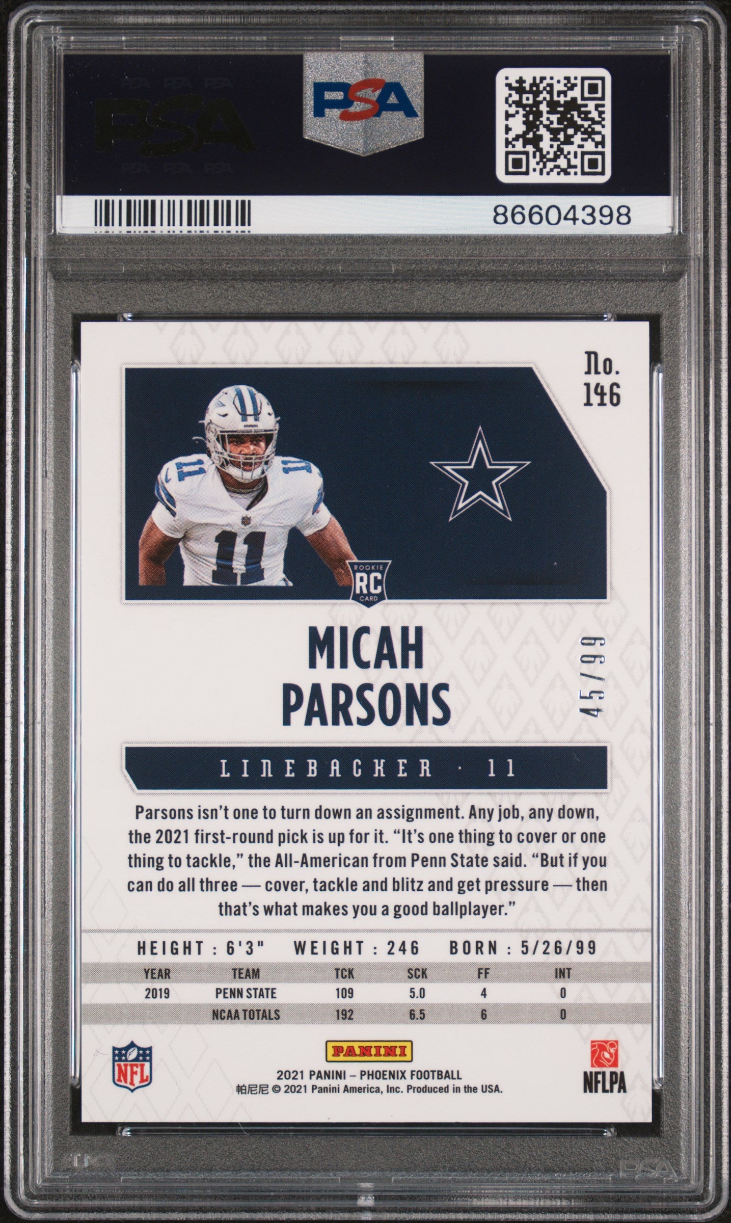 2021 Panini Phoenix Micah Parsons #146 Orange Lazer PSA 10
