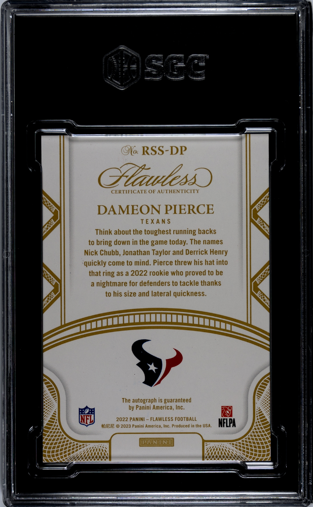 2022 Panini Flawless Dameon Pierce #RSS-DP Rookie Shadow Sigs. Ruby 08/10 SGC 9
