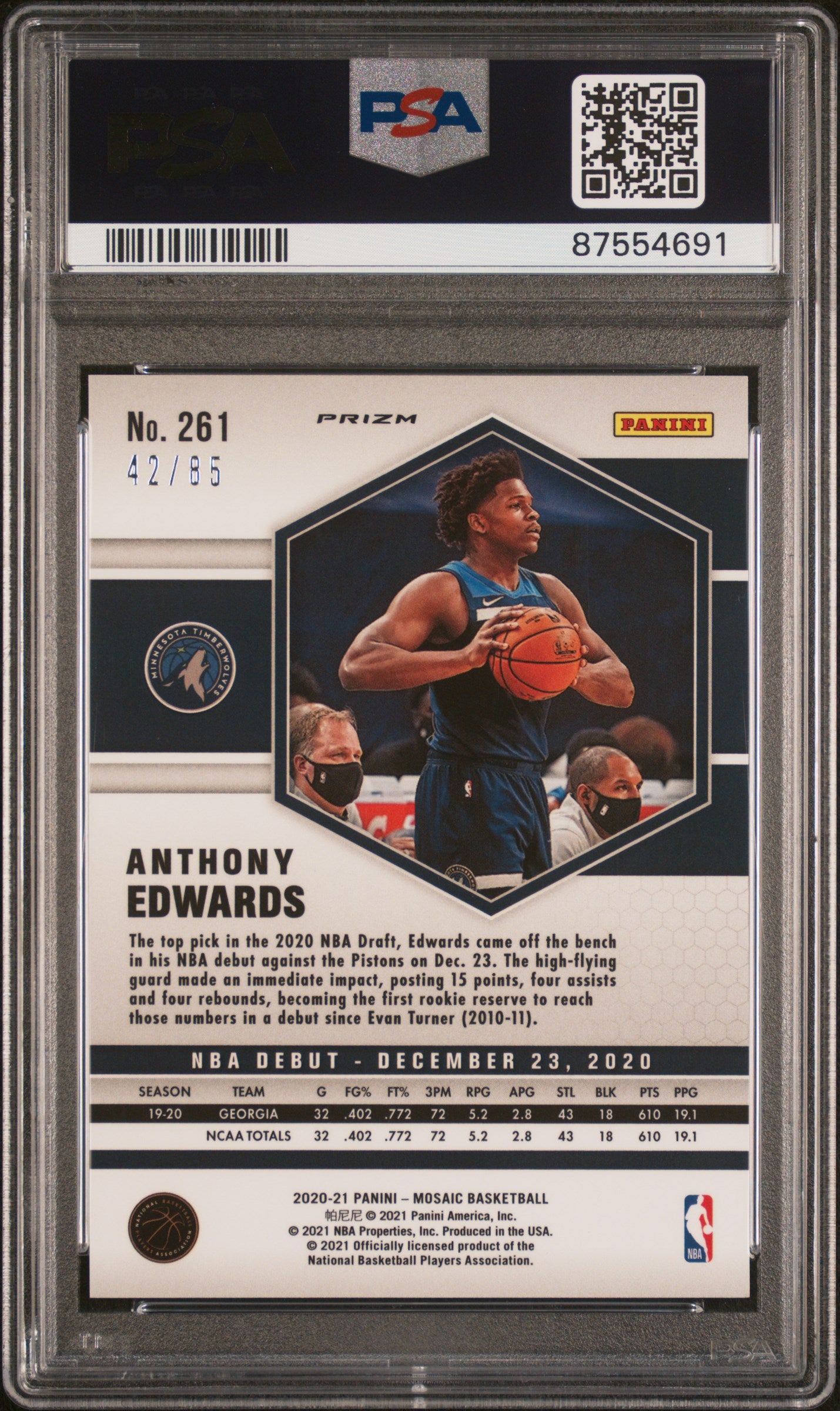 2020 Panini Mosaic Anthony Edwards #261 Fast Break Blue PSA 9
