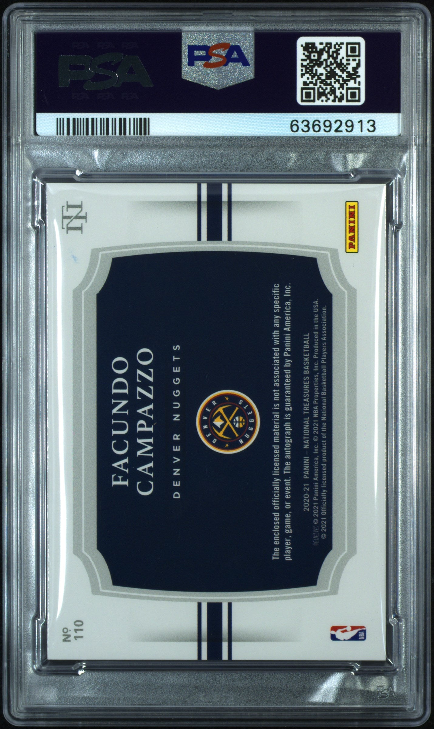 2020 National Treasures Facundo Campazzo #110 Rookie Patch Auto PSA 8 RPA