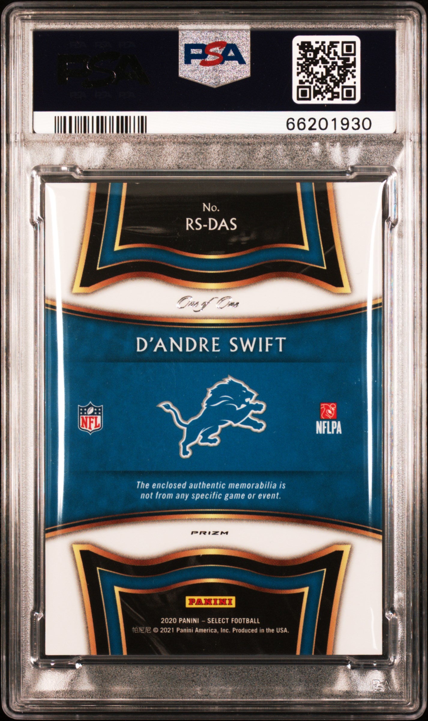 2020 Panini Select D'andre Swift #RS-DAS Rookie Swatches Prizm Black 1/1 PSA 9