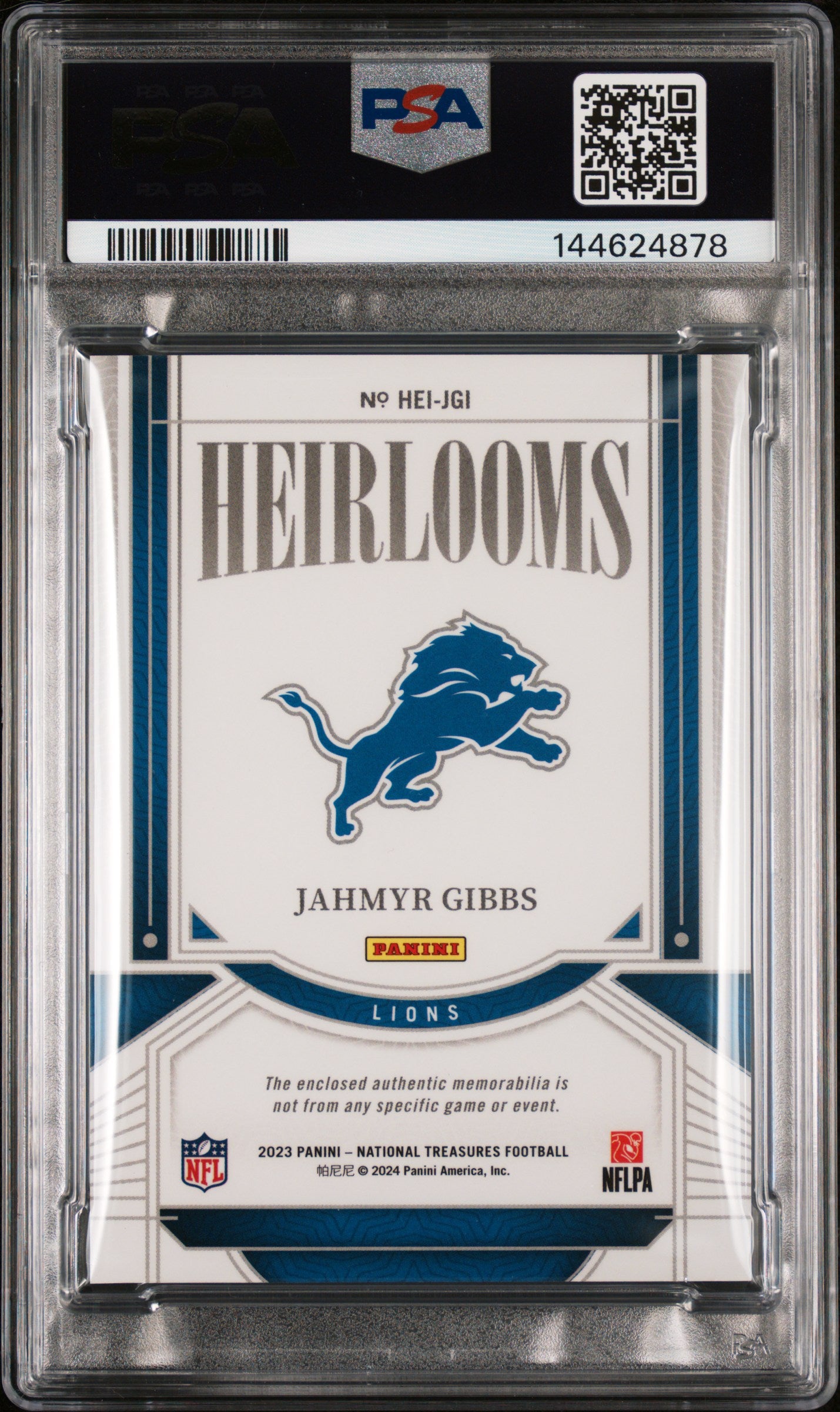 2023 Panini National Treasures Heirlooms Relics Jahmyr Gibbs #JGI RLC Holo Silver PSA 9