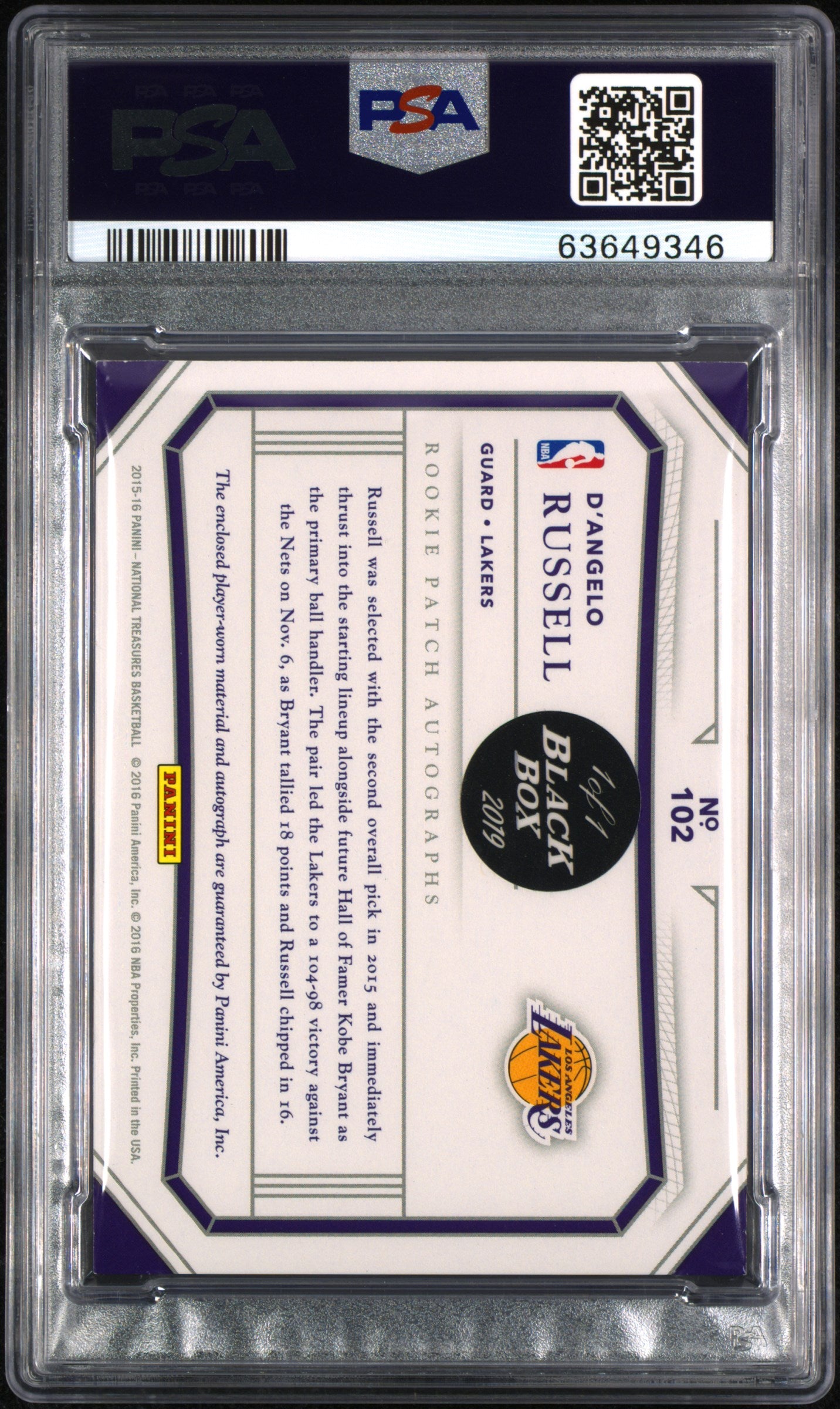 2015 National Treasures D'angelo Russell #102 Rookie Patch Auto Black Box 1/1 PSA 7