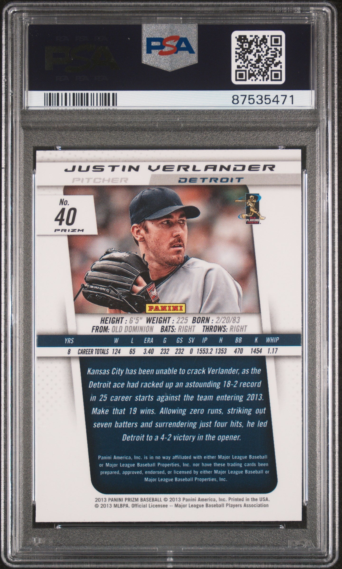 2013 Panini Prizm Justin Verlander #40 Red Pulsar PSA 9