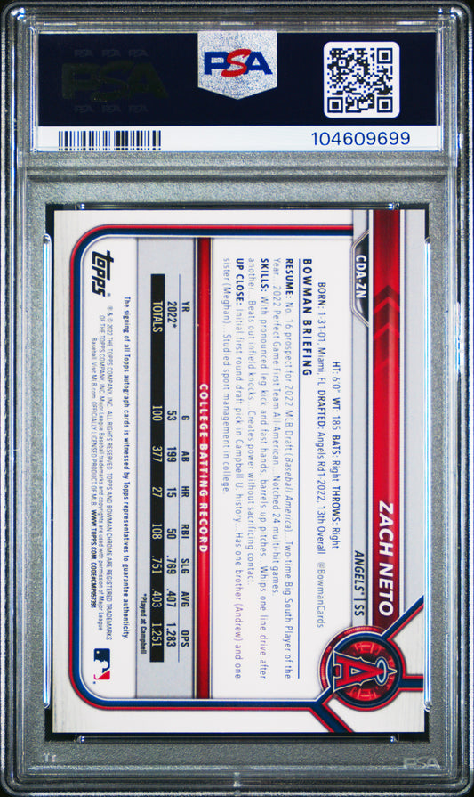 2022 Bowman Chrome Draft Pick Auto Zach Neto Aqua Lava Refractor PSA 10 /199