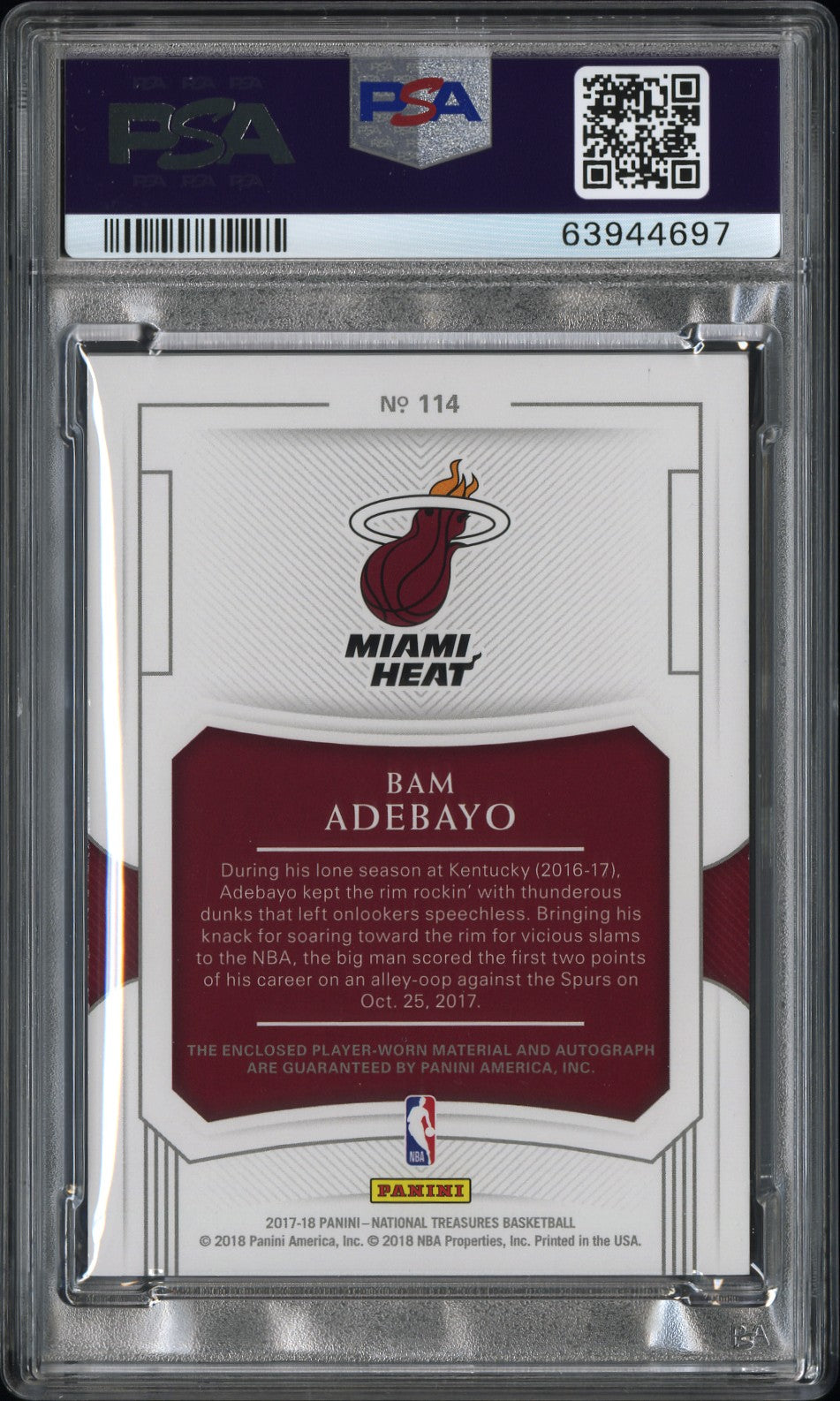 2017 National Treasures Bam Adebayo #114 Patch Auto Limited Edition PSA 9