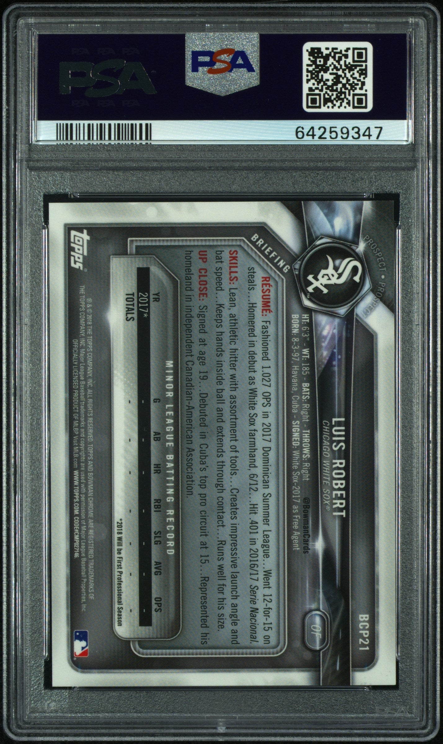 2018 Bowman Prospects Chrome Luis Robert #21 Purple Refractor PSA 9