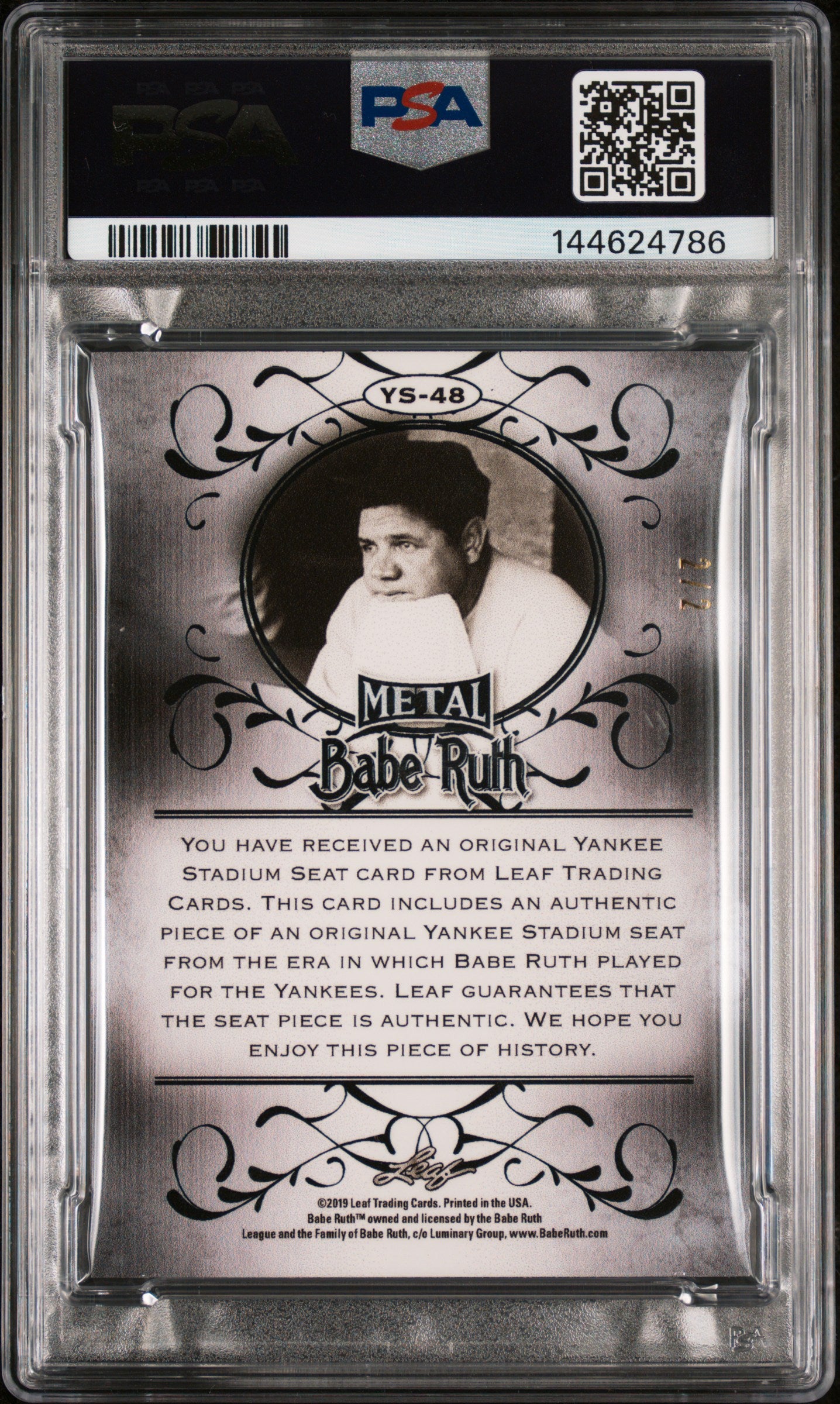 2019 Leaf Metal Babe Ruth Yankee Stadium Seat Relics Babe Ruth #YS48 Ynk. Stdm. Seat RLC RD. WV. /2 PSA 8