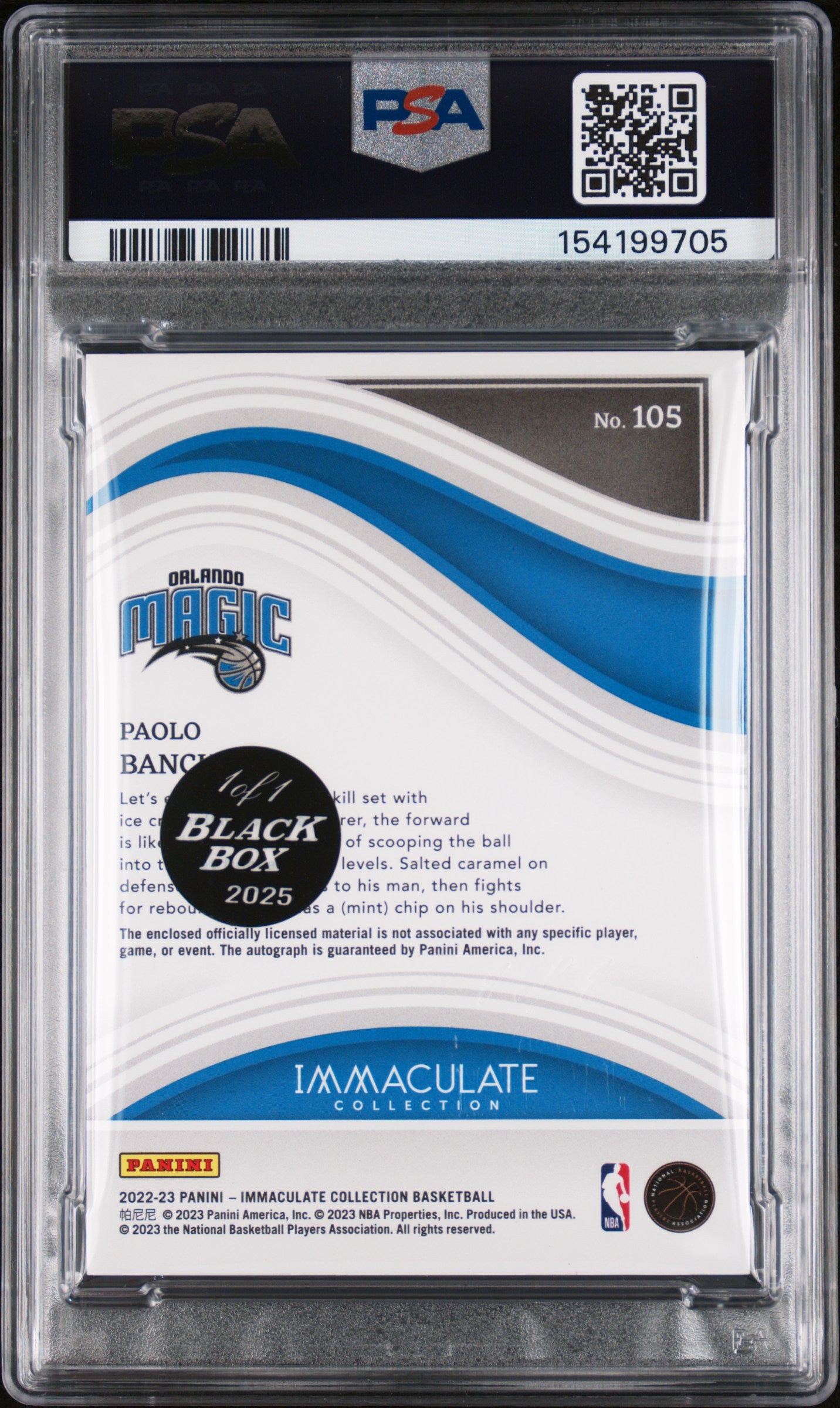 2025 Panini Black Box Paolo Banchero #105 Imclt CL Pat Au Gold 1/1 PSA A Auto 10