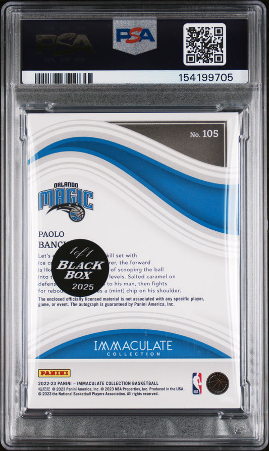 2025 Panini Black Box Paolo Banchero #105 Imclt CL Pat Au Gold 1/1 PSA A Auto 10