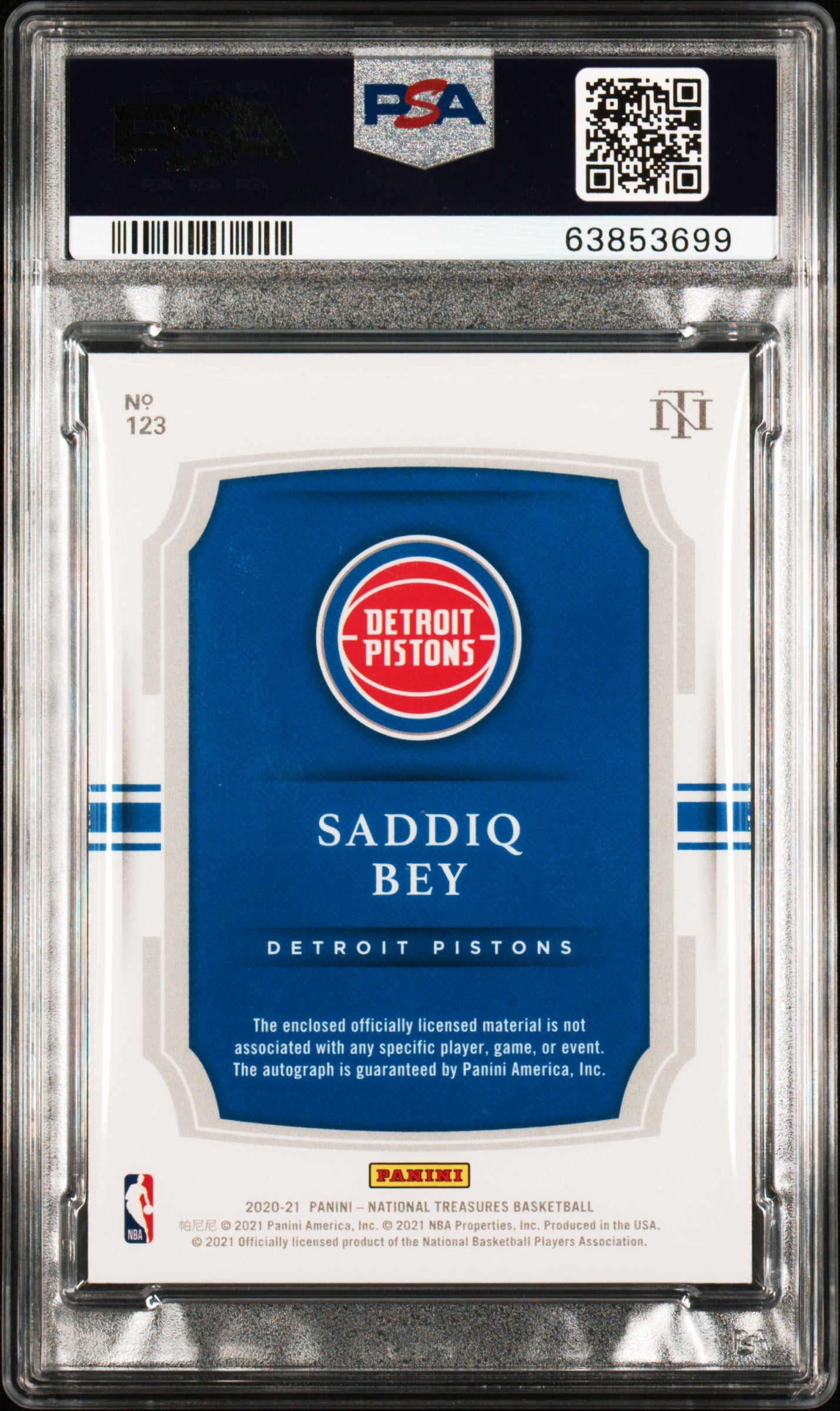 2020 Panini National Treasures Saddiq Bey #123 Patch Autograph PSA 10 Auto 10