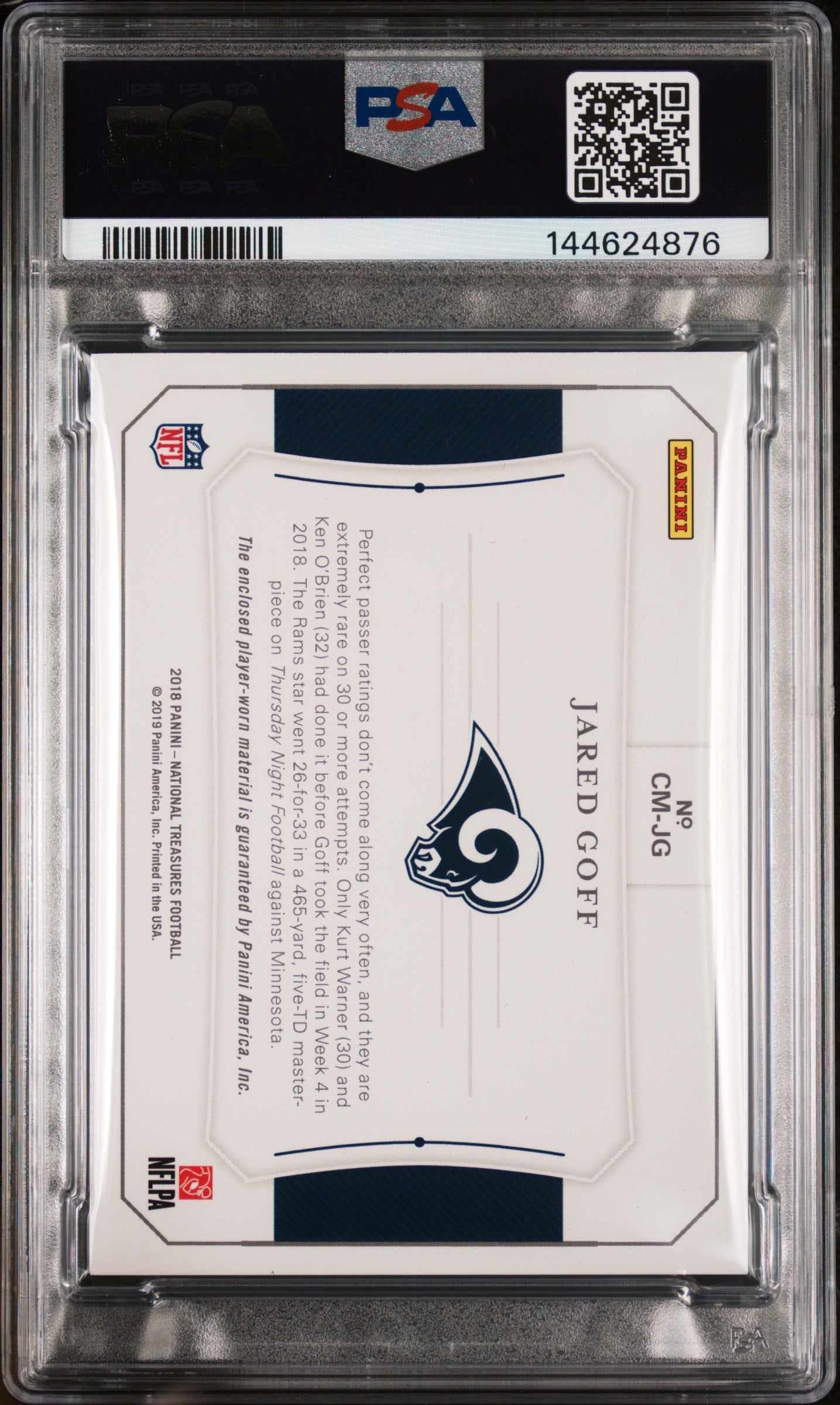 2018 Panini National Treasures Colossal Materials Jared Goff #CM-JG Prime /25 PSA 8