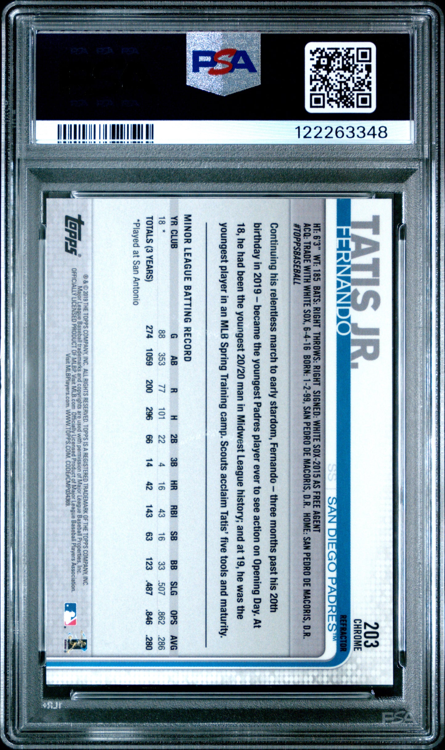 2019 Topps Chrome Fernando Tatis JR. #203 Refractor PSA 10