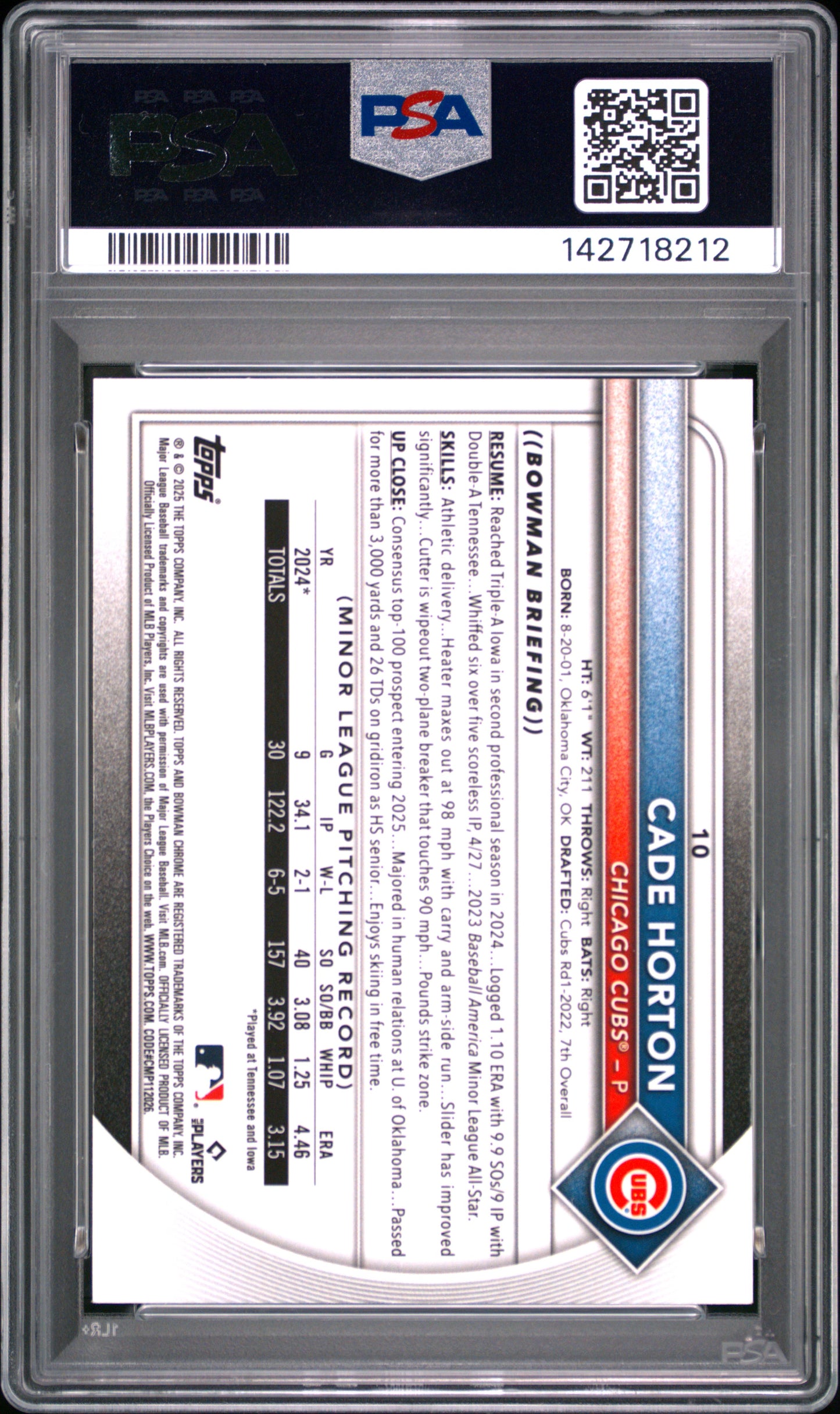 2025 Bowman Chrome Cade Horton #10 Wave Refractor PSA 10