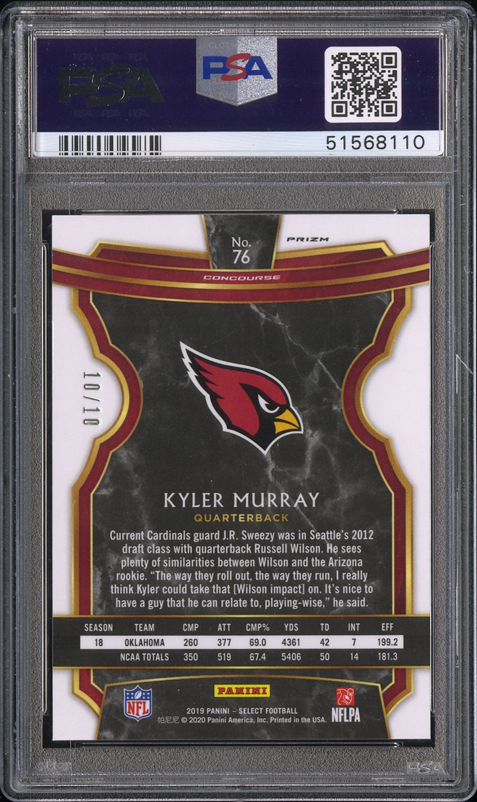 2019 Panini Select Kyler Murray #76 Gold Prizm PSA 9