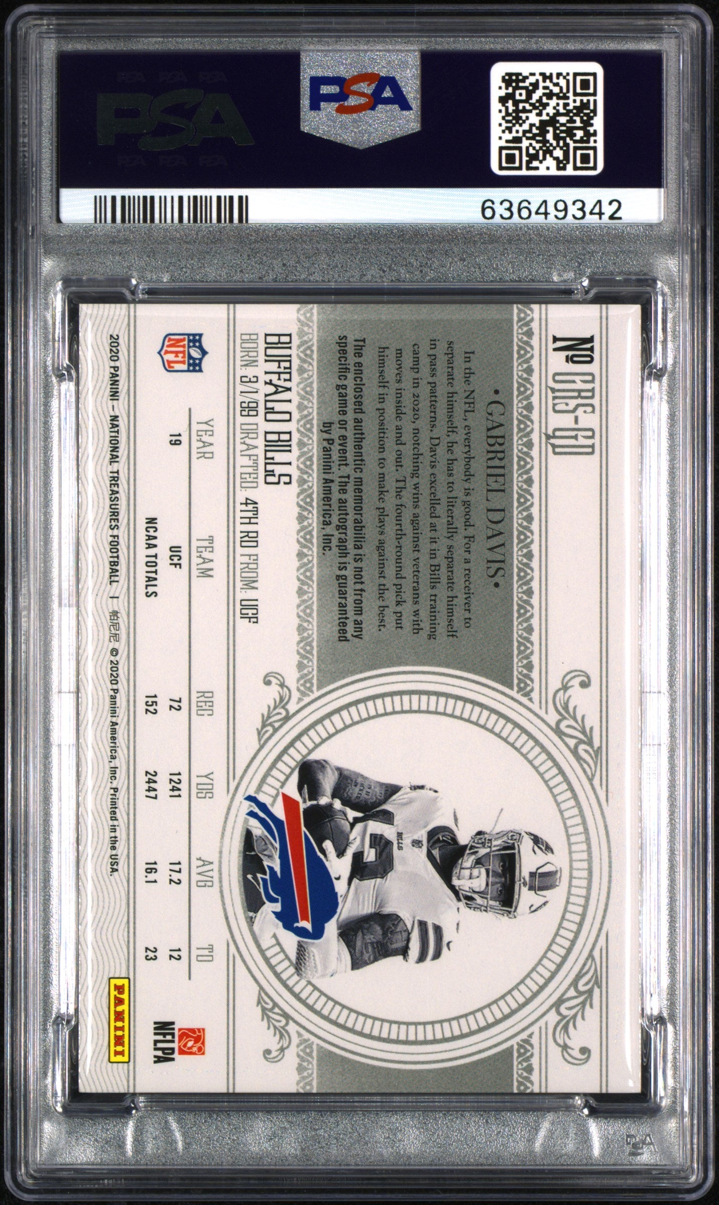 2020 National Treasures Gabriel Davis #GD Rookie Patch Auto Holo Gold PSA 10 RPA /25