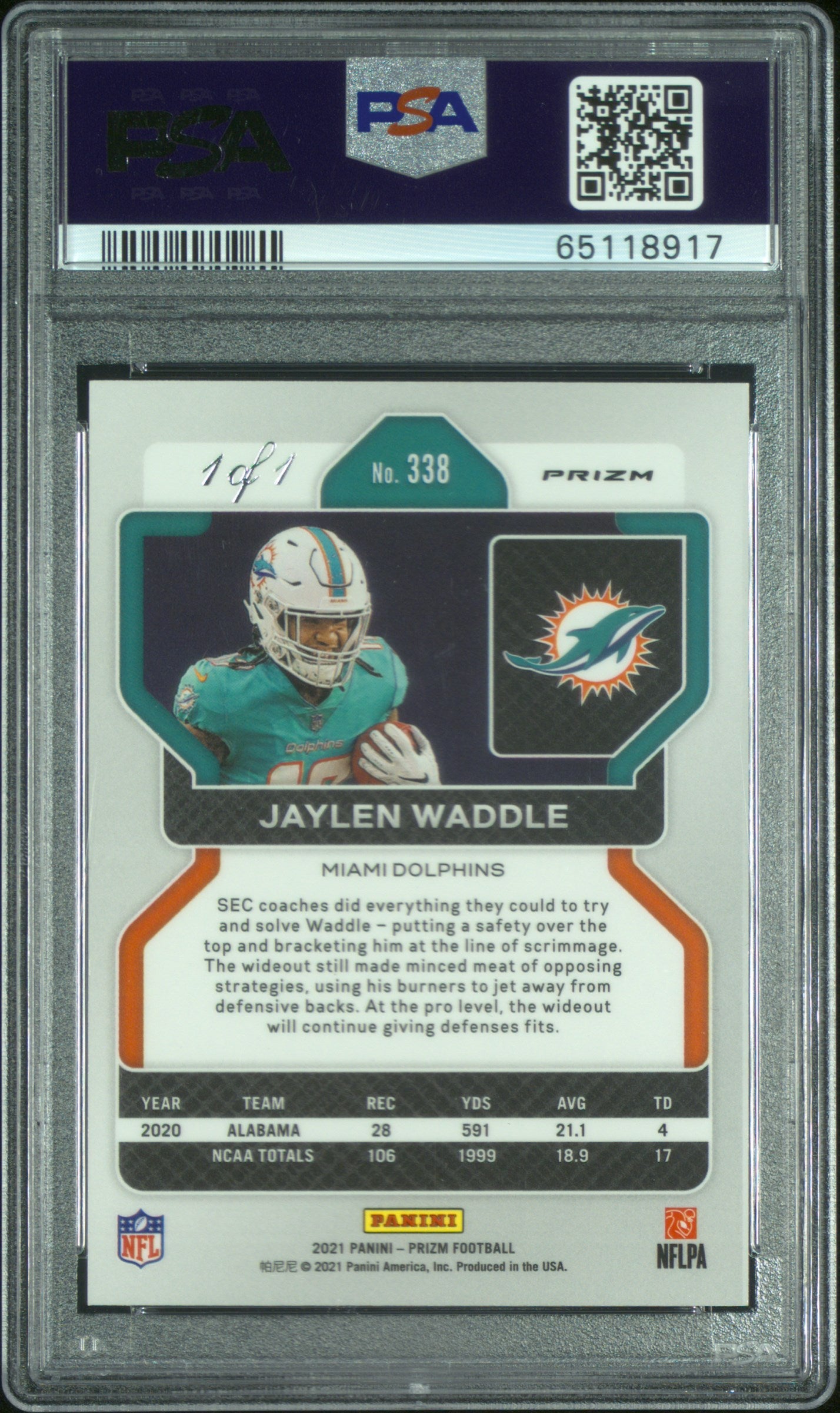 2021 Prizm Jaylen Waddle #338 Black Rookie Card RC Finite PSA 10