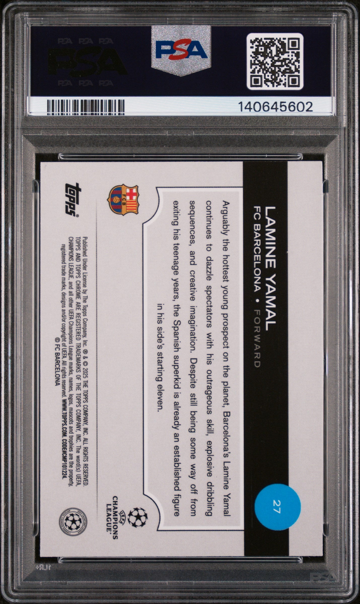 2024-25 Topps Chrome UEFA Club Competitions Lamine Yamal #27 Violet Refractor PSA 9