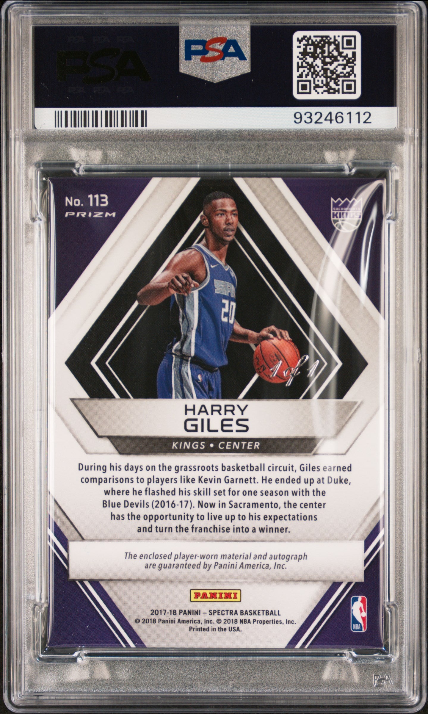 2017 Panini Spectra Harry Giles #113 Autograph Jersey Nebula 1/1 PSA 7 Auto 10