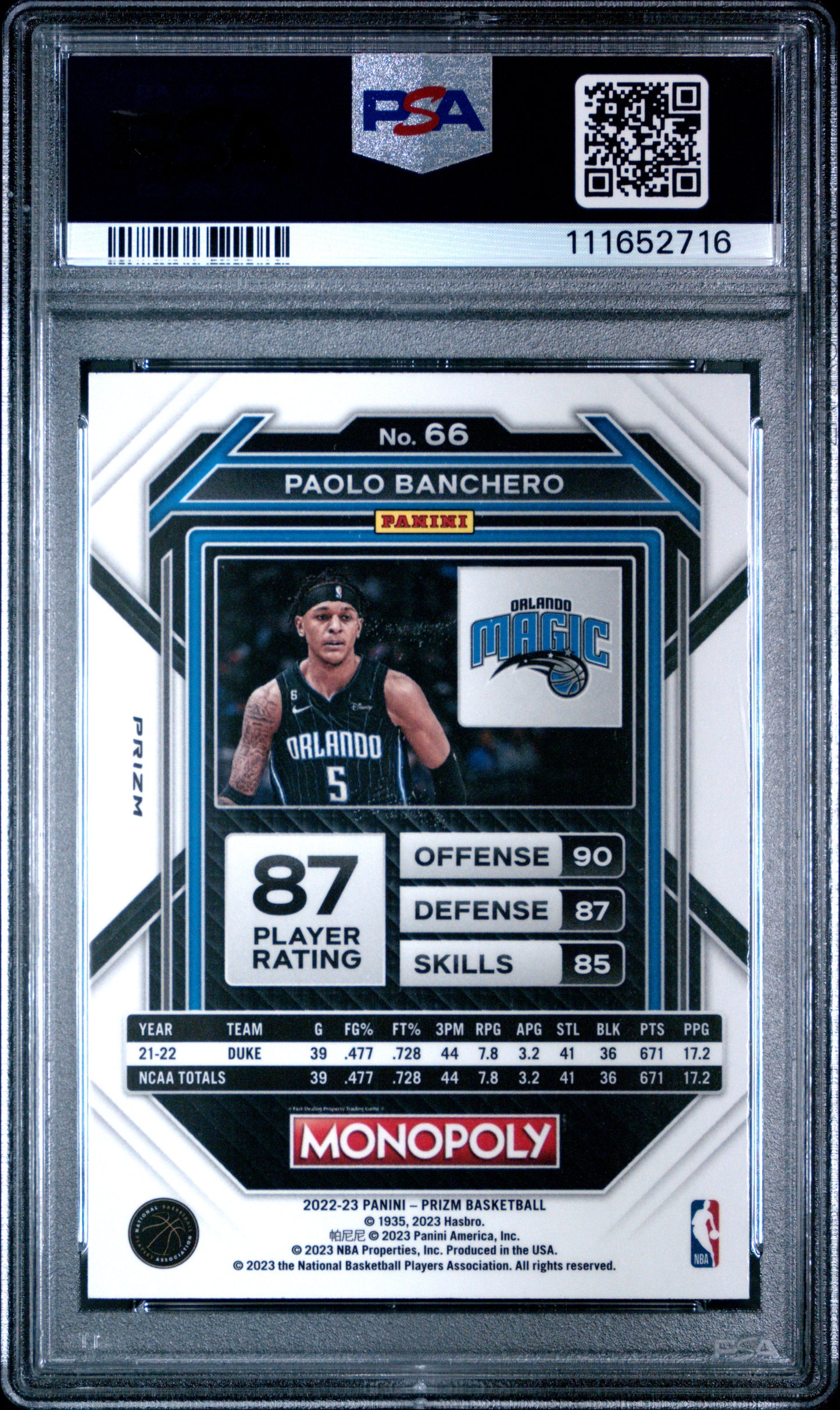 2022 Panini Prizm Monopoly Paolo Banchero #66 Silver PSA 10