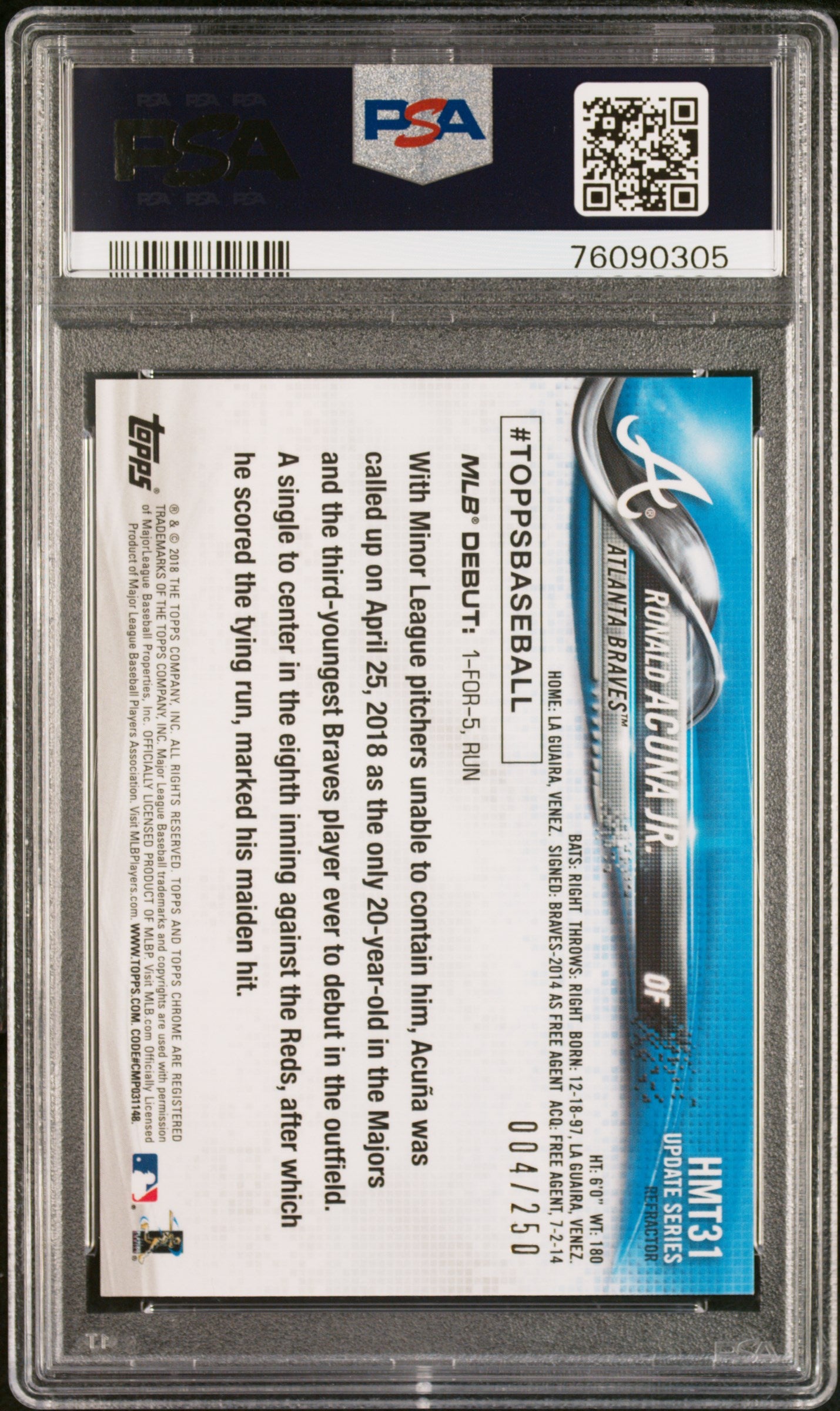 2018 Topps Chrome Update Ronald Acuna JR. #HMT31 Refractor PSA 10