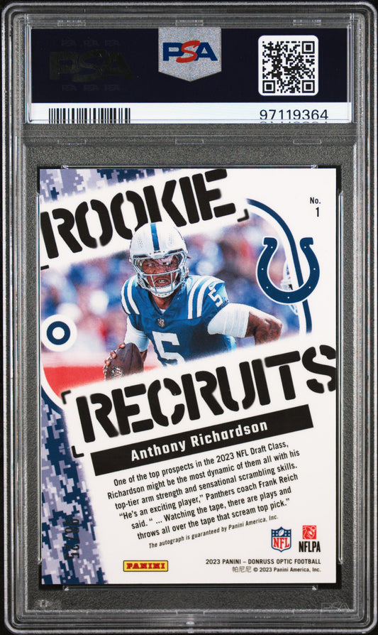 2023 Panini Donruss Optic Rookie Recruits Anthony Richardson #1 RK Auto PRP Stars PSA 10