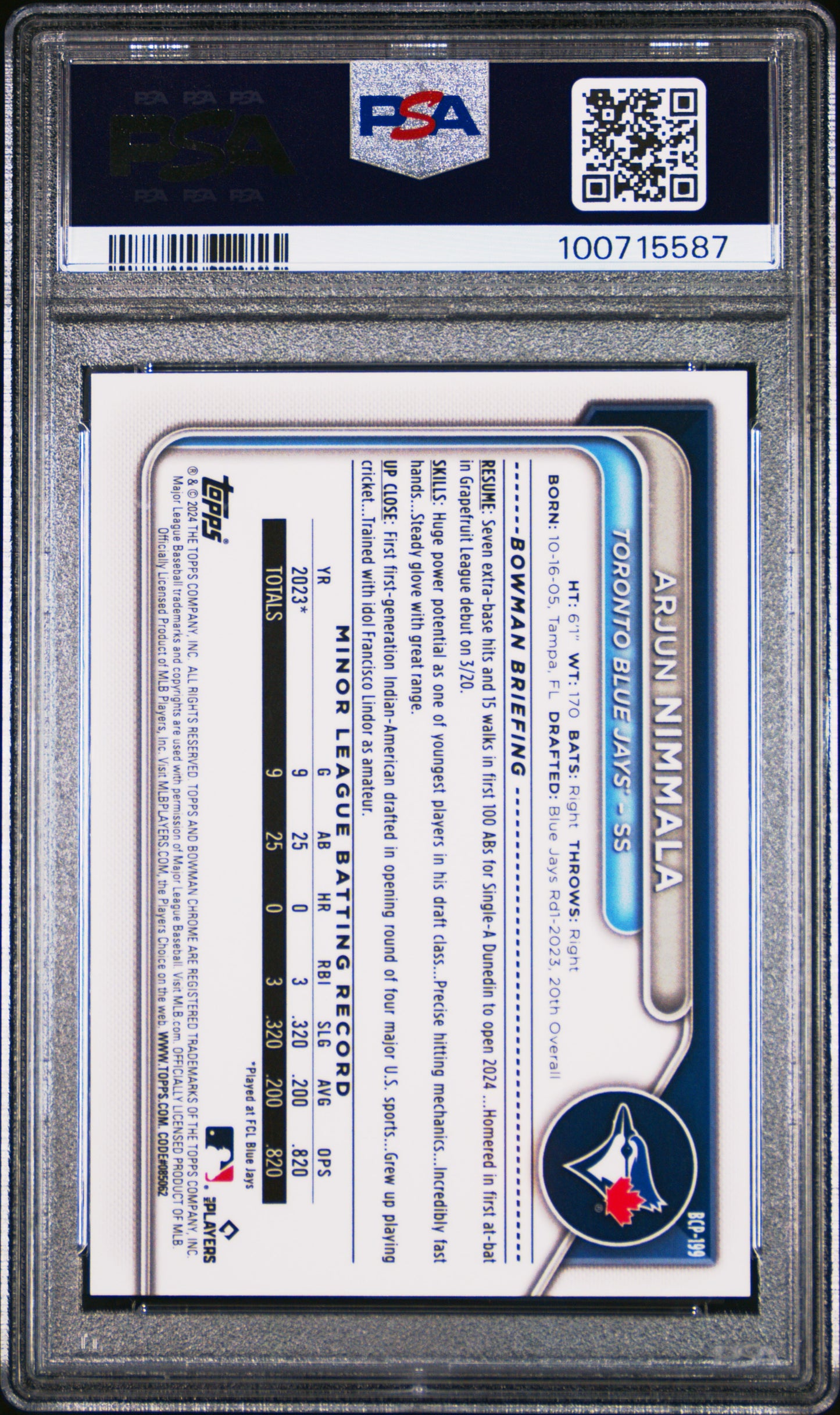 2024 Bowman Chrome Prospects Arjun Nimmala #BCP199 Reptilian Red Ref /5 PSA 10