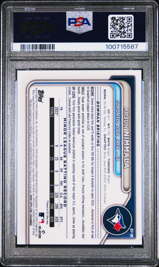 2024 Bowman Chrome Prospects Arjun Nimmala #BCP199 Reptilian Red Ref /5 PSA 10