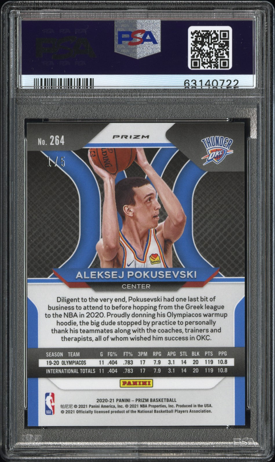 2020 Panini Prizm Aleksej Pokusevski #264 Fast Break Neon GRN. PSA 10