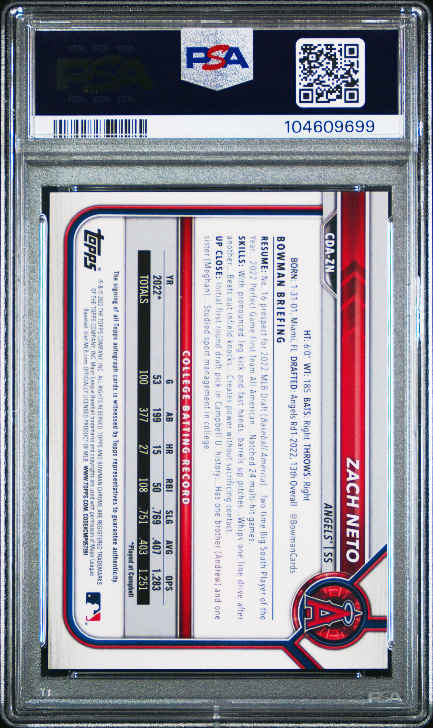 2022 Bowman Chrome Draft Pick Auto Zach Neto Aqua Lava Refractor PSA 10 /199