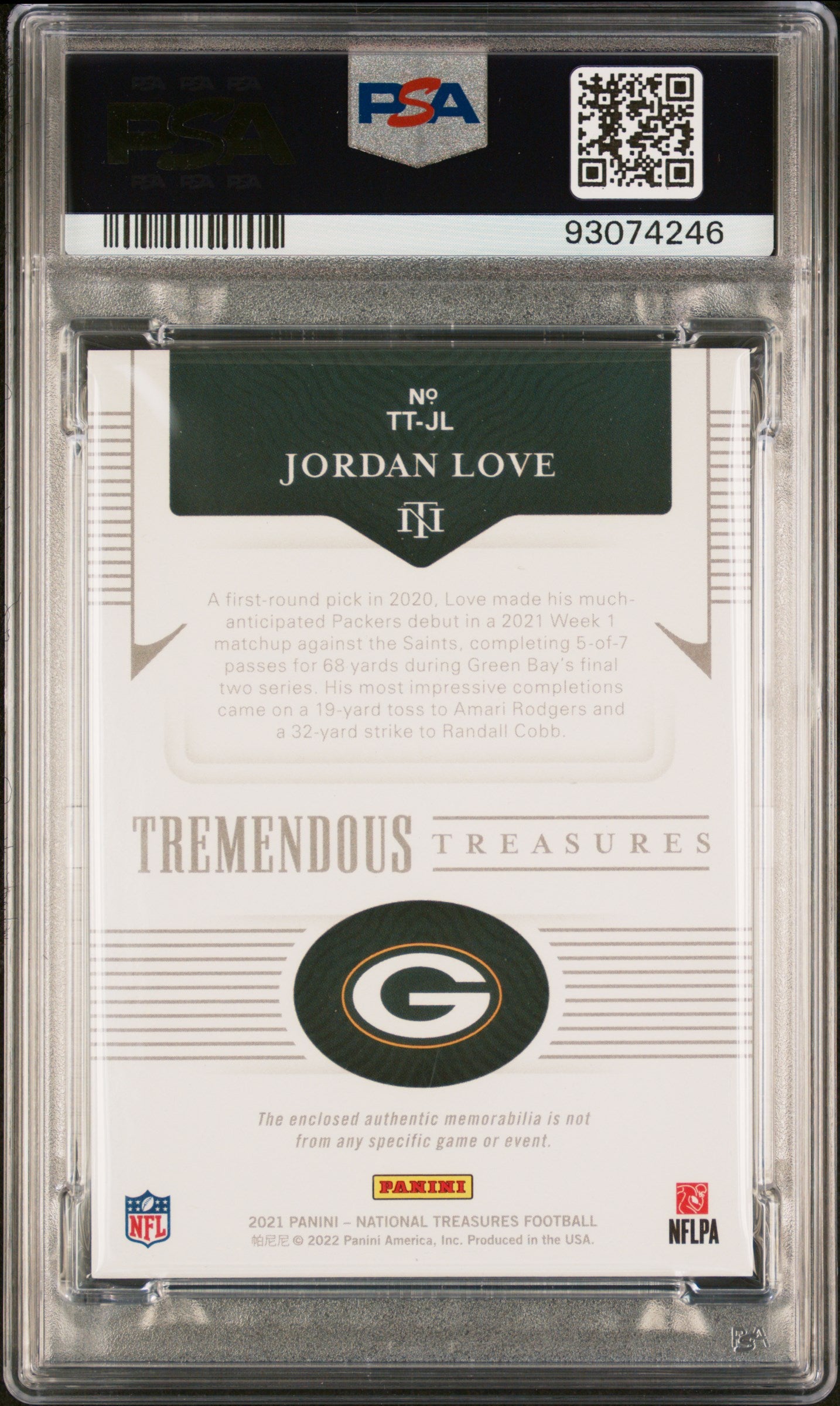 2021 National Treasures Jordan Love #JL Tremendous Treasures Memorabilia PSA 10