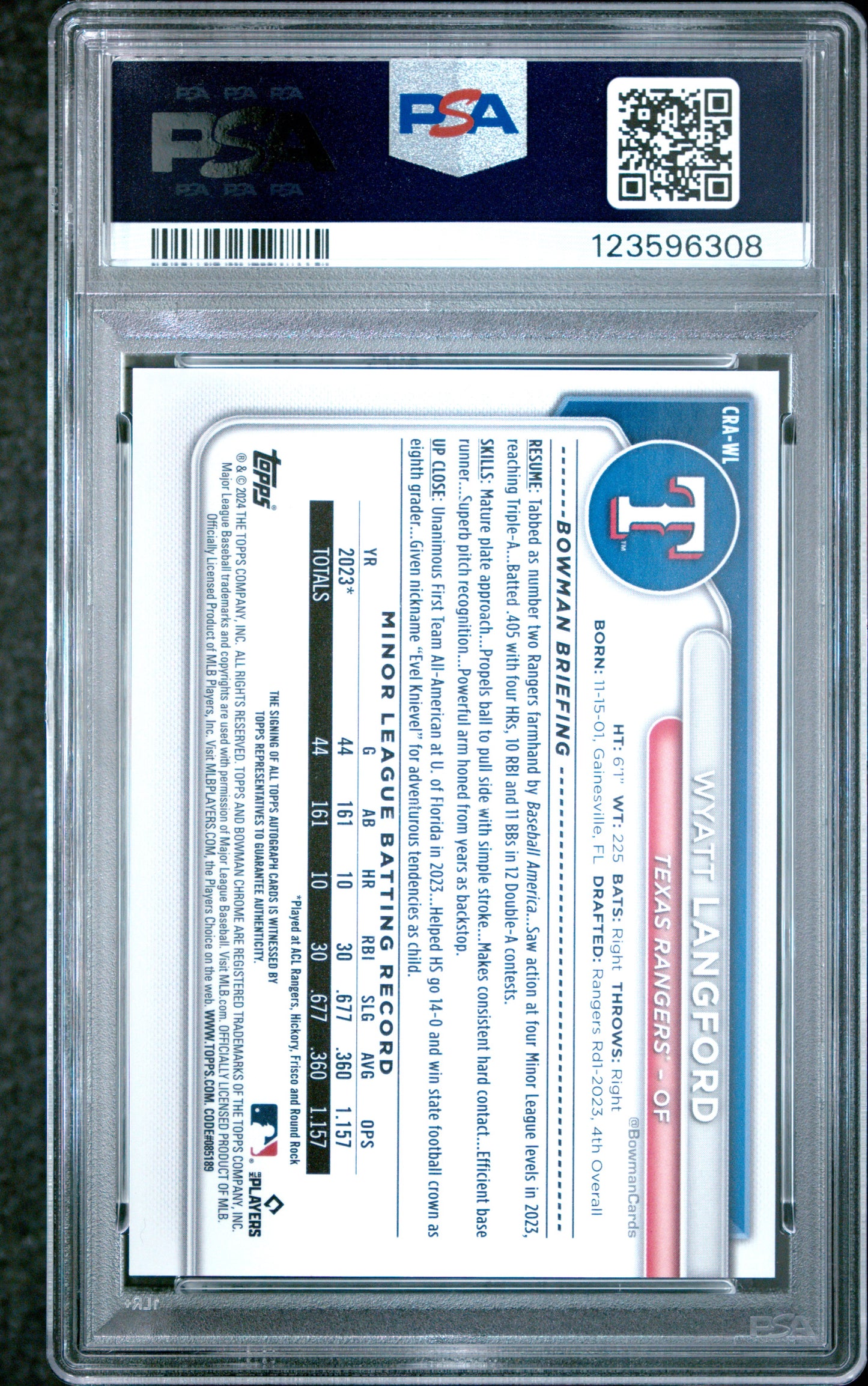 2024 Bowman Chrome Rookie Auto Wyatt Langford #CRAWL Green Ref /99 PSA 8