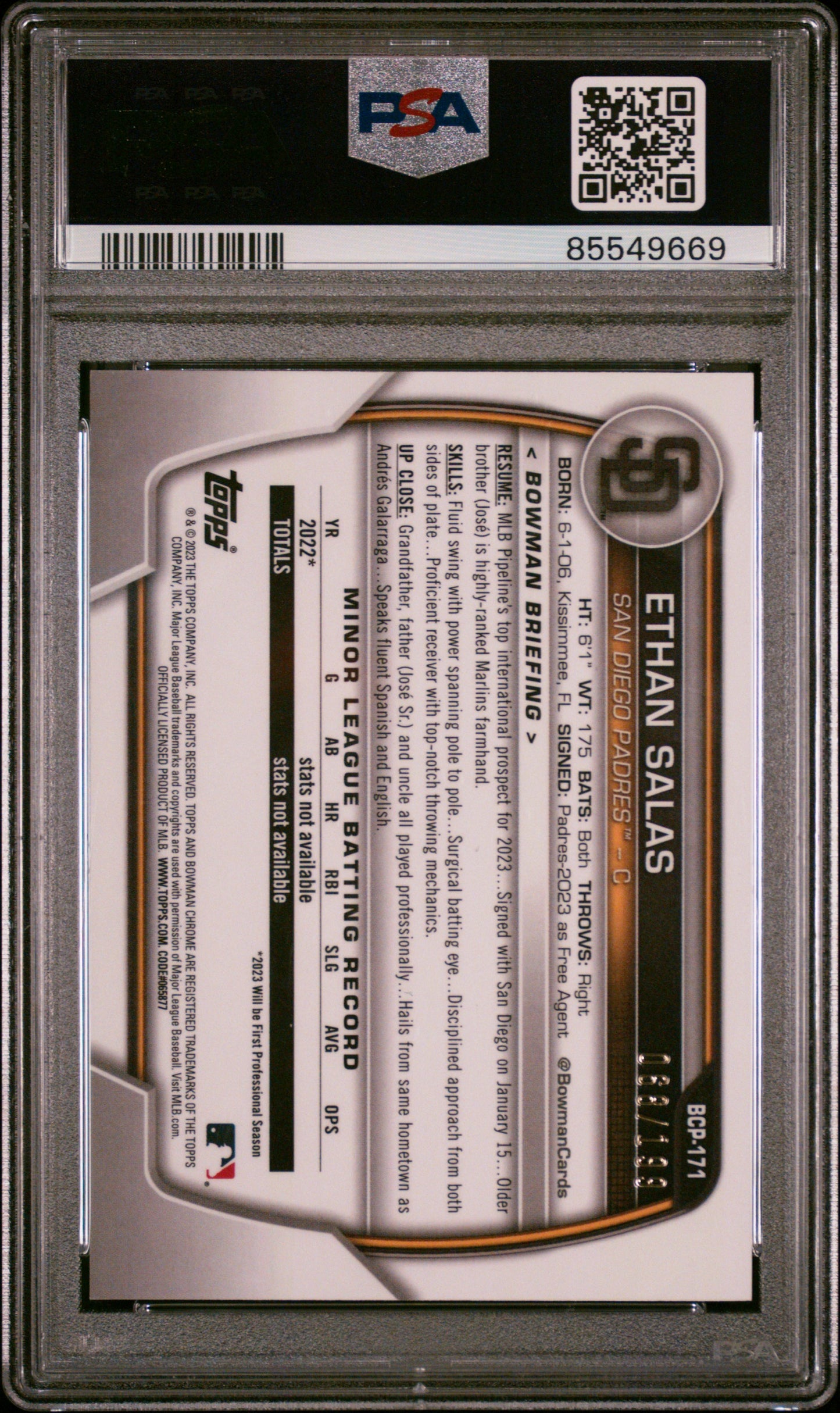 2023 Bowman Chrome Prospects Ethan Salas #BCP171 Fuchsia Pink Vapor Ref PSA 9