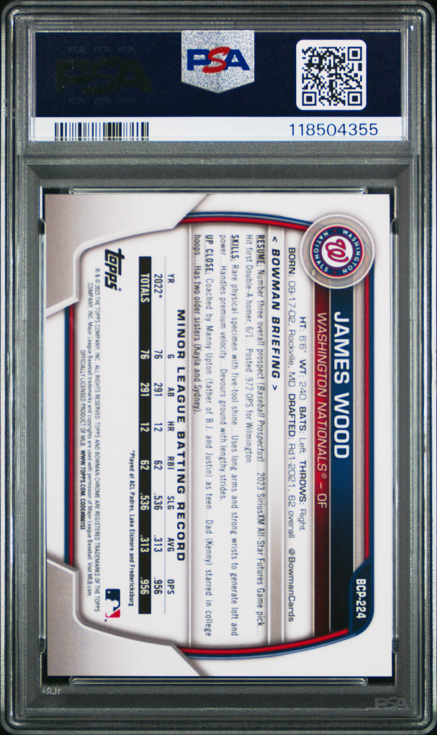 2023 Bowman Chrome Sapphire Edition Prospects James Wood #224 Aqua PSA 10