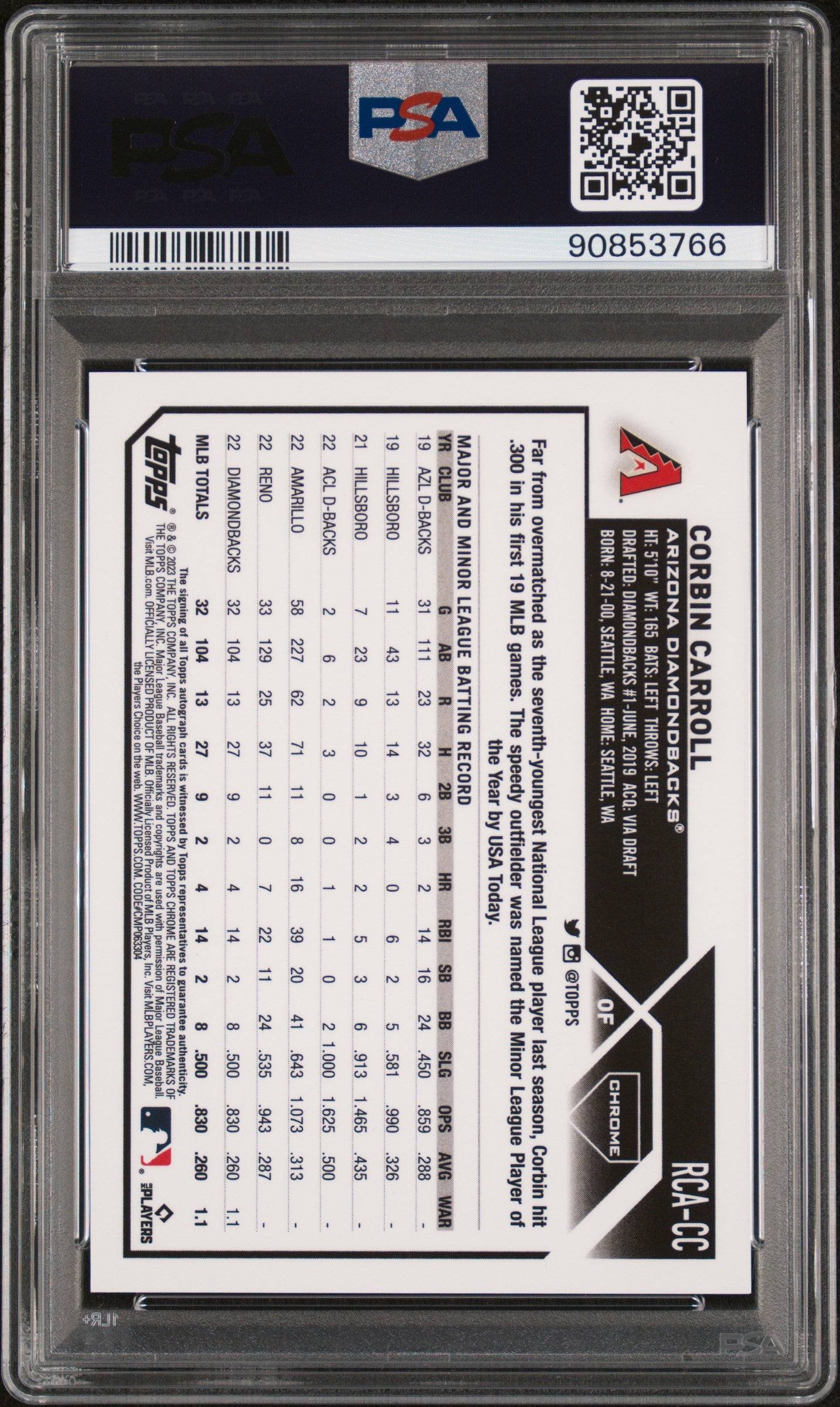 2023 Topps Chrome Logofractor Edition Corbin Carroll #RCACC Refractor Chrome Autograph SP PSA 9