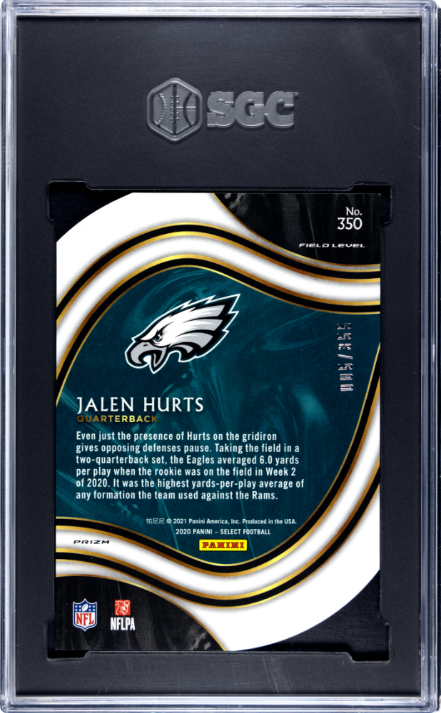 2020 Panini Select Jalen Hurts #350 Copper Die Cut Prizm /355 SGC 10