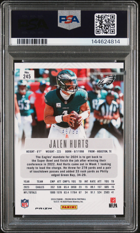 2024 Panini Prizm Deca Jalen Hurts #245 Purple 48/99 PSA 8