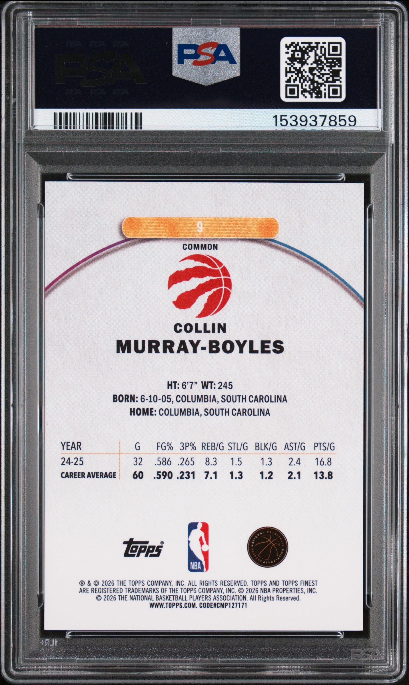 2025 Topps Finest Collin Murray-Boyles #9 Sky Blue Refractor PSA 8