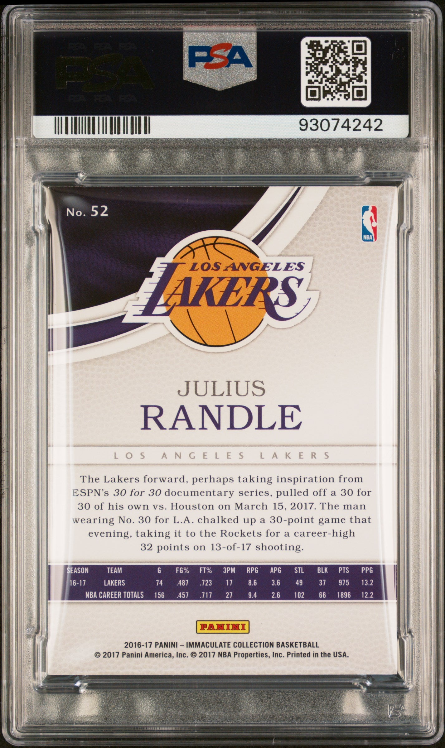 2016 Panini Immaculate Colection Julius Randle #52 Platinum 1/1 PSA 8